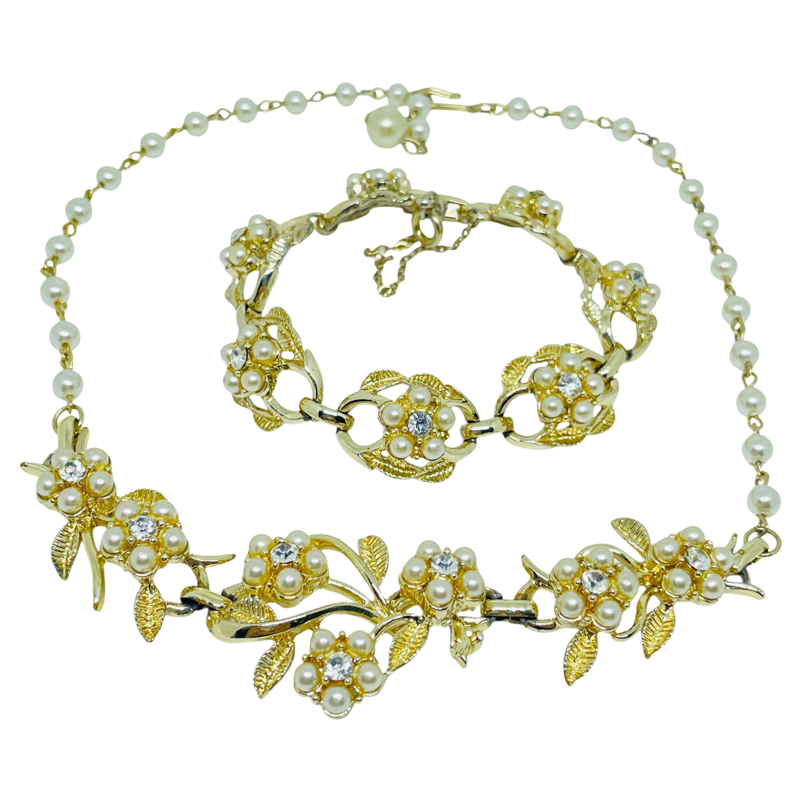 Vintage Coro signé or perles strass fleurs collier bracelet