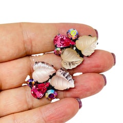 Vintage CORO signed silver tone pink glass clip on earrings