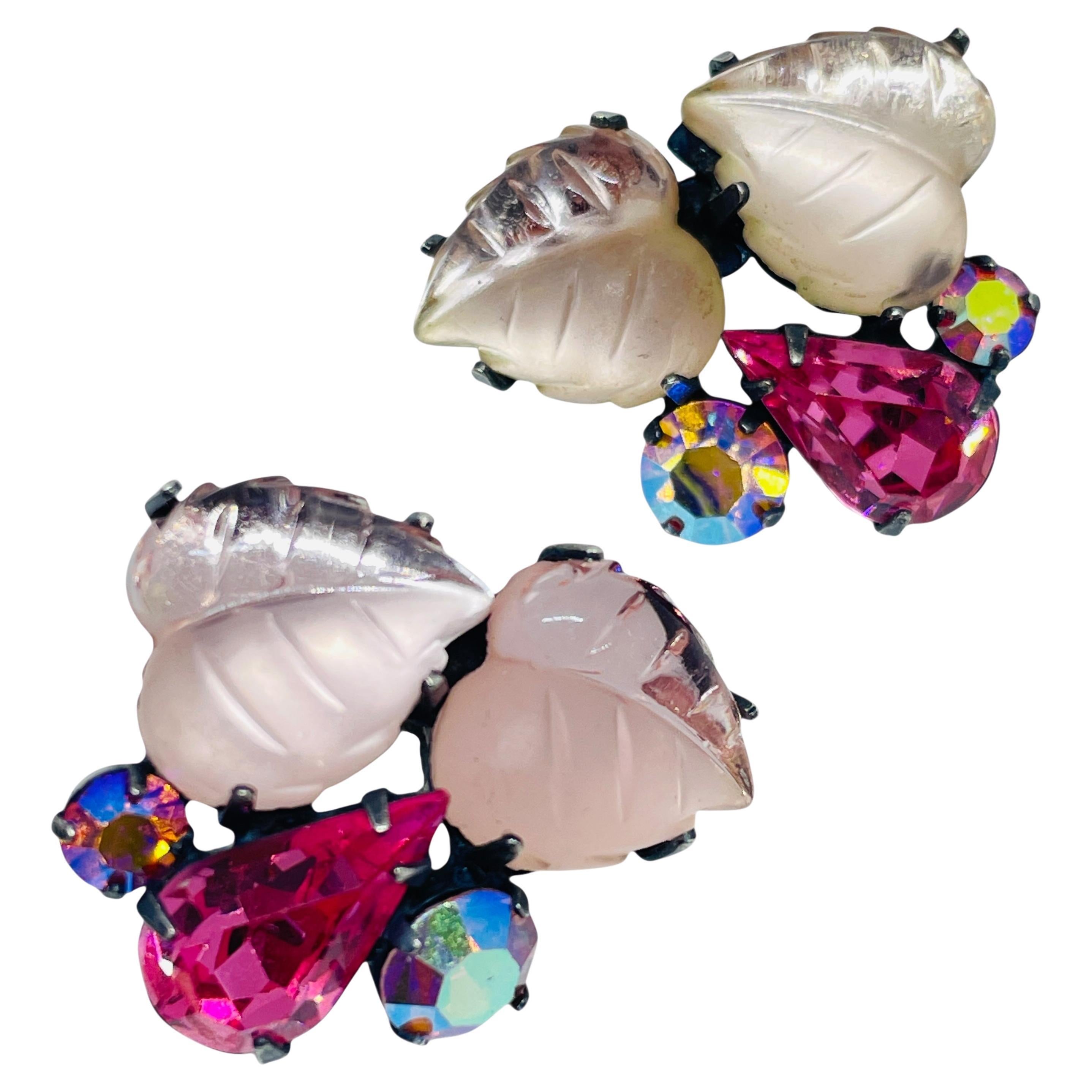 Vintage CORO signed silver tone pink glass clip on earrings