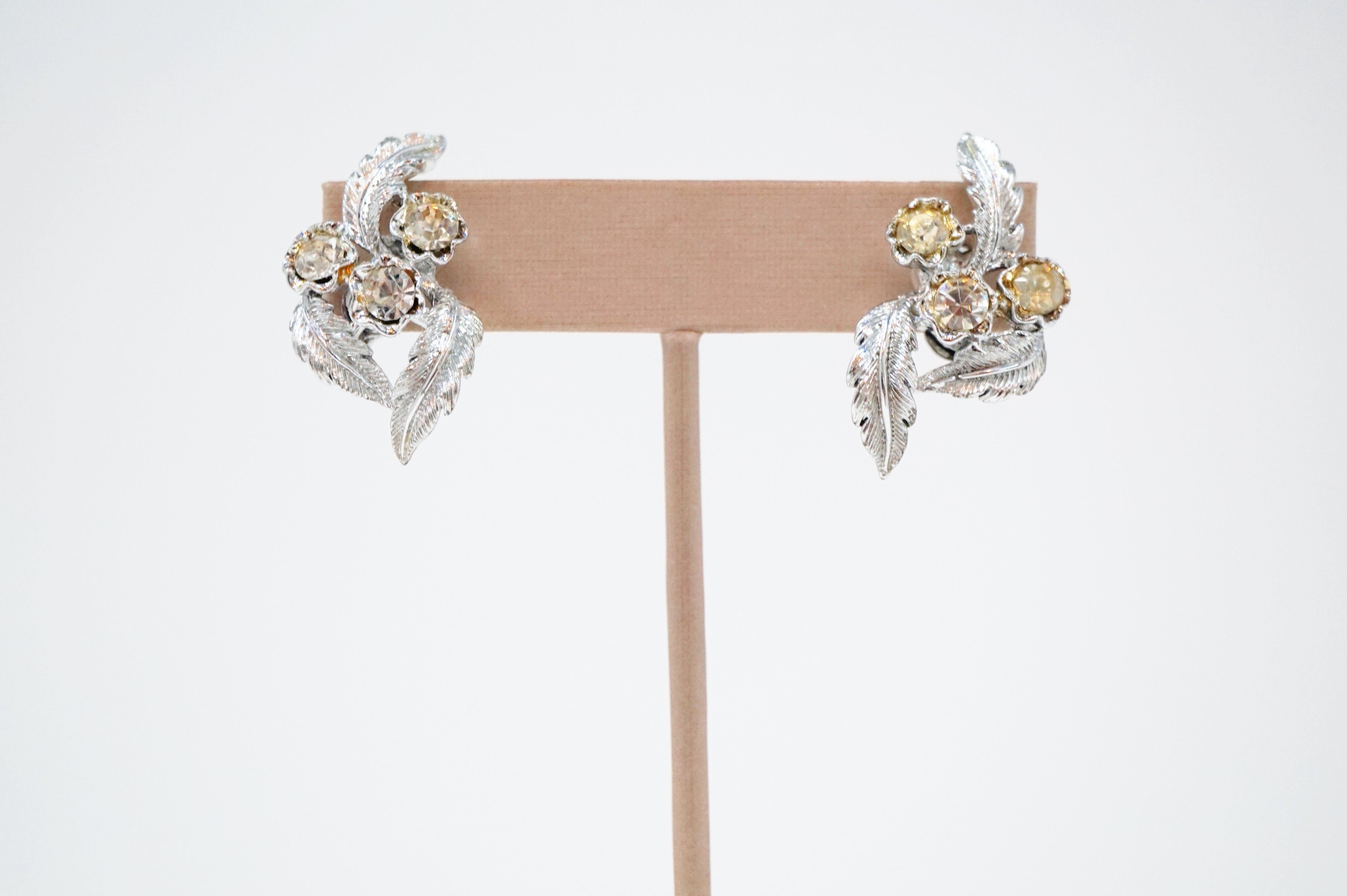 Vintage Coro Silver Rhinestone Leaf Earrings, circa 1950s 3