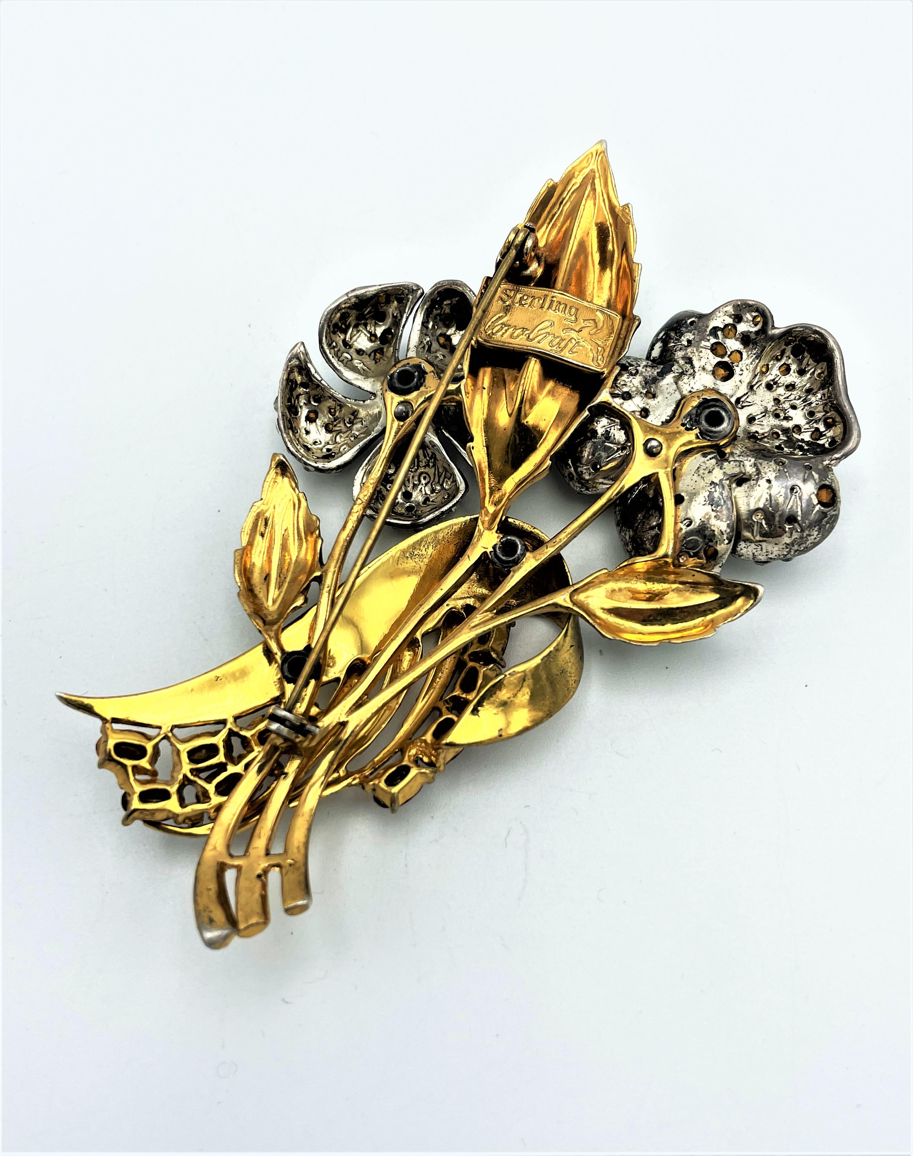 Oval Cut Vintage COROCRAFT flower brooch sterling silver gold plated, rhinestones 1940 US