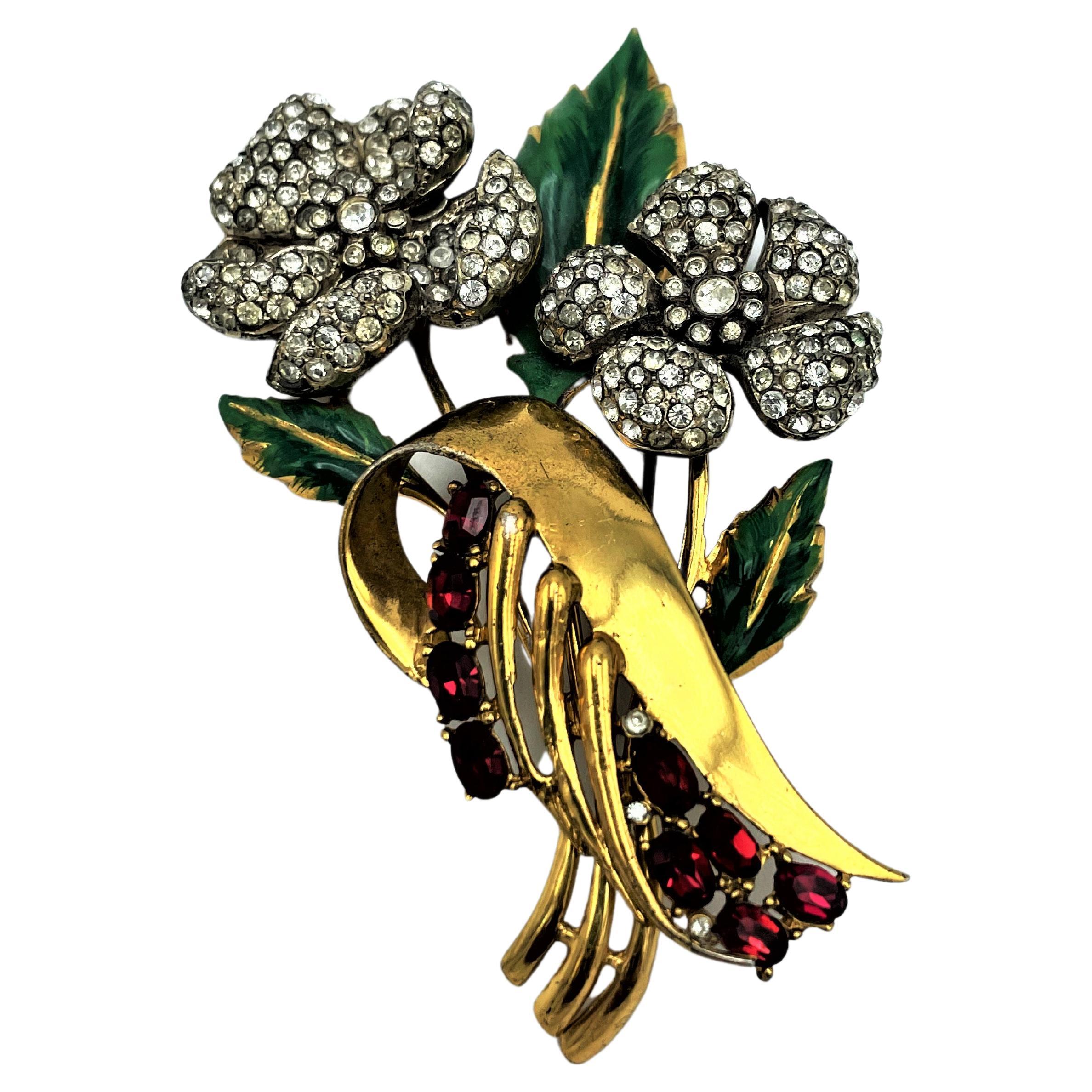 Vintage COROCRAFT flower brooch sterling silver gold plated, rhinestones  1940 US For Sale at 1stDibs