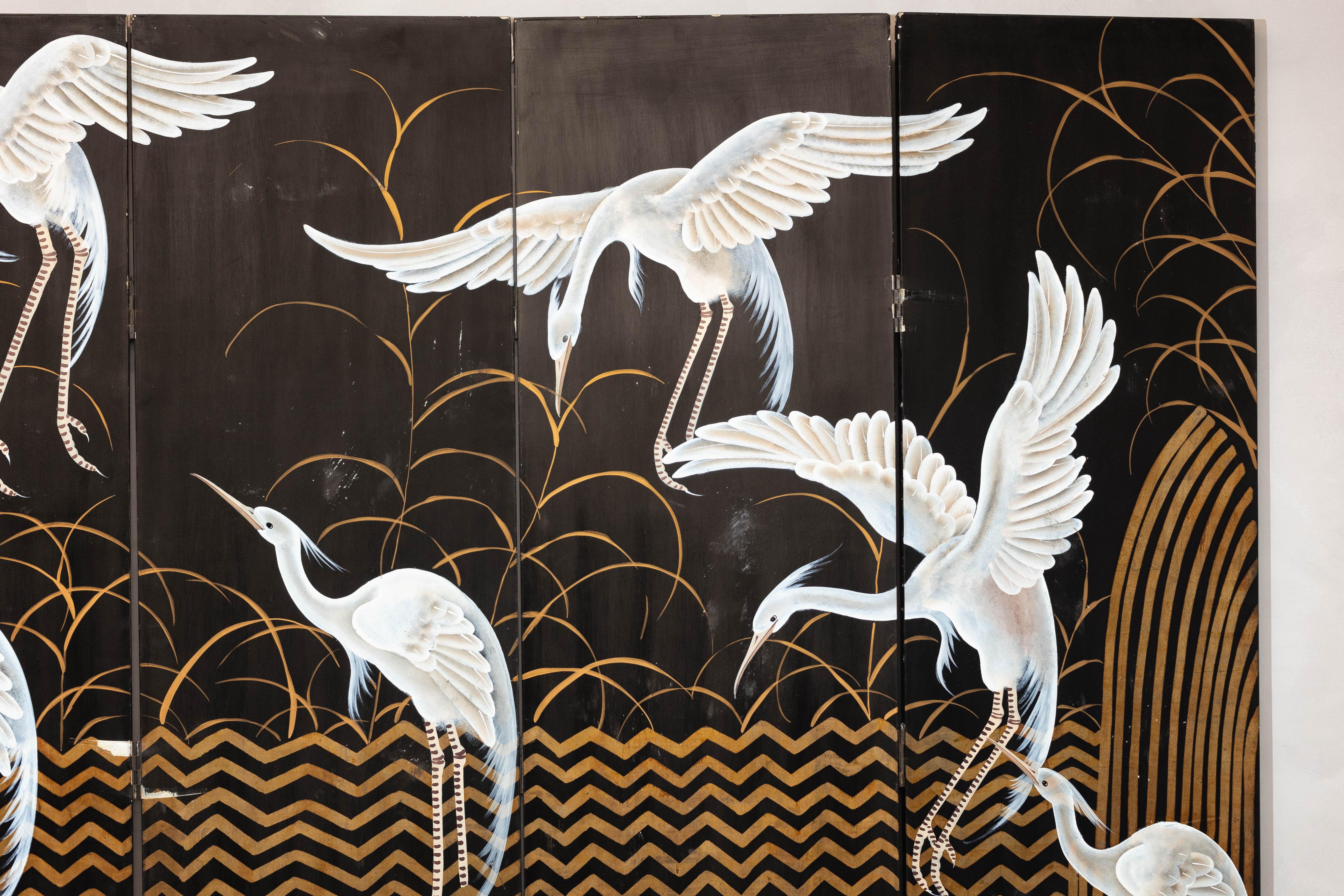 Vintage Coromandel Screen with White Cranes, Gold Accents, and Black Lacquer For Sale 3