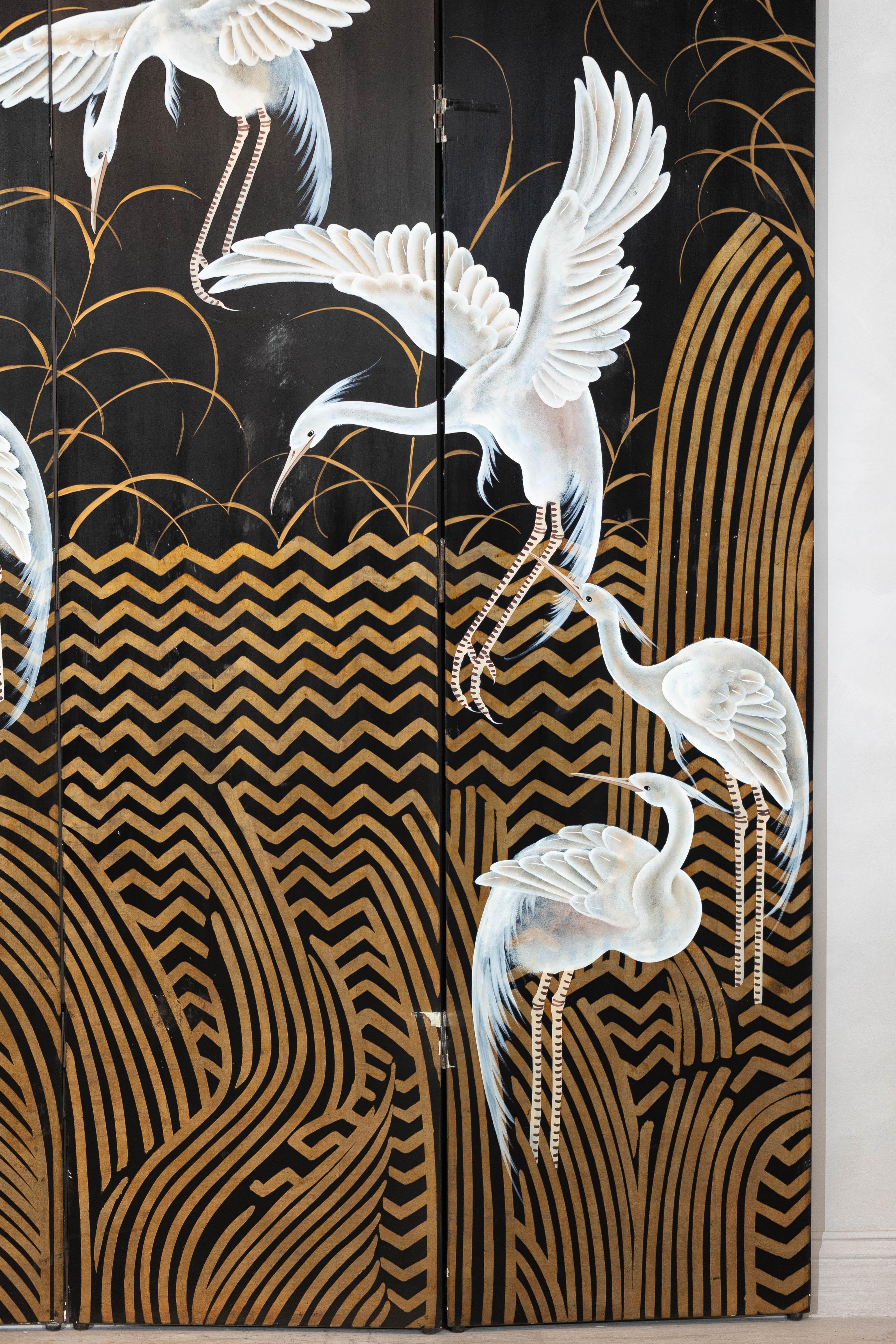 Vintage Coromandel Screen with White Cranes, Gold Accents, and Black Lacquer For Sale 4