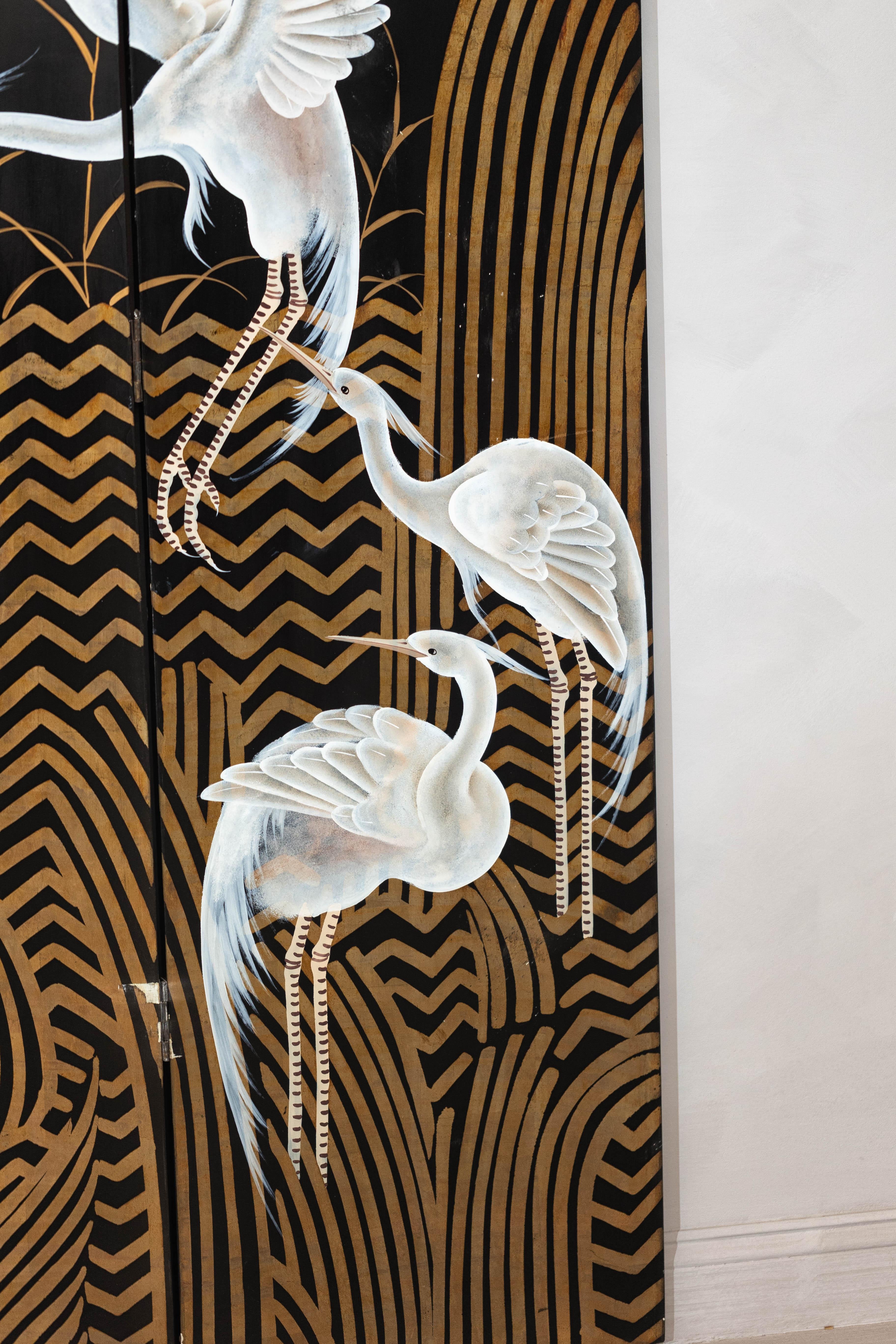 Vintage Coromandel Screen with White Cranes, Gold Accents, and Black Lacquer For Sale 5