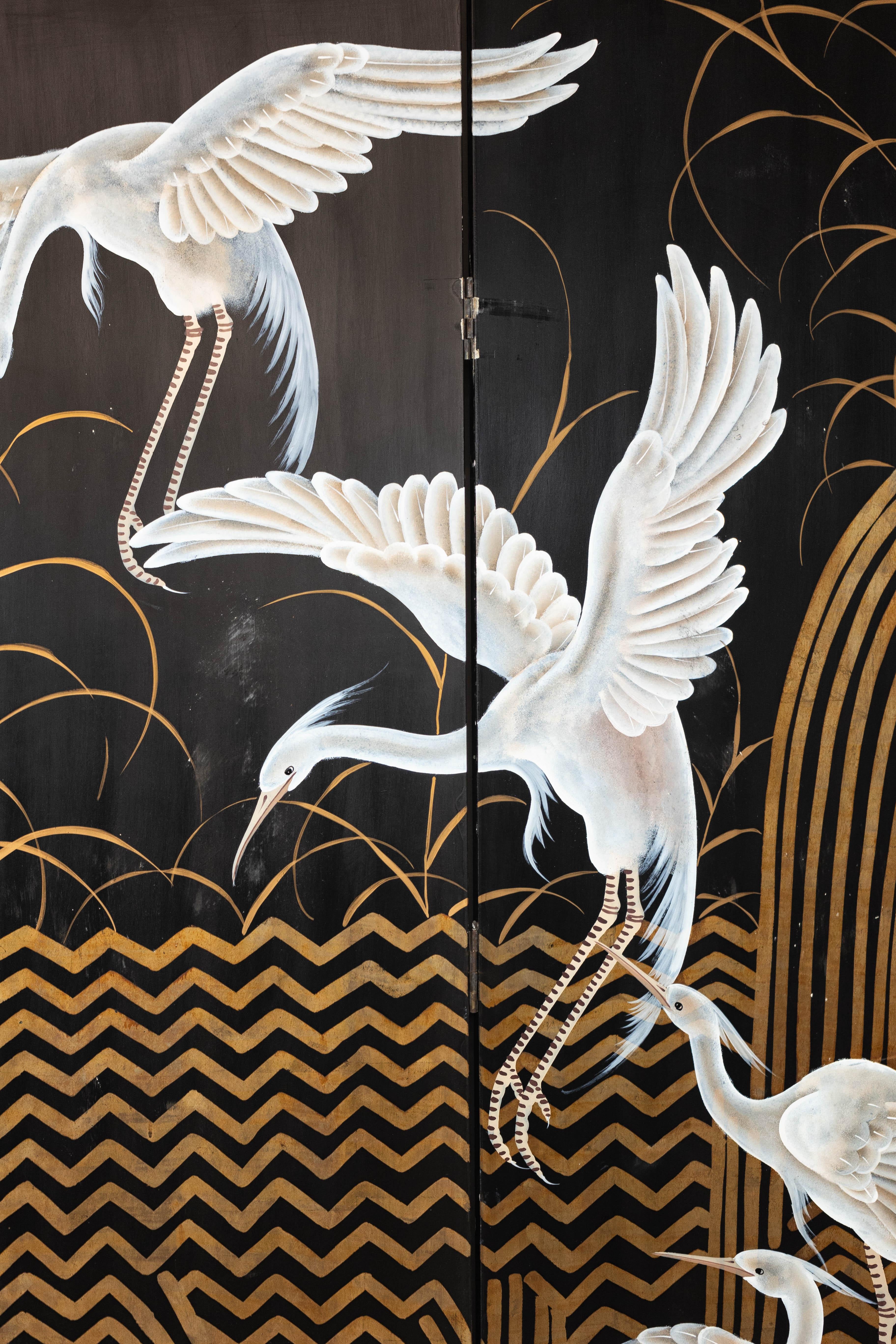 Vintage Coromandel Screen with White Cranes, Gold Accents, and Black Lacquer For Sale 6