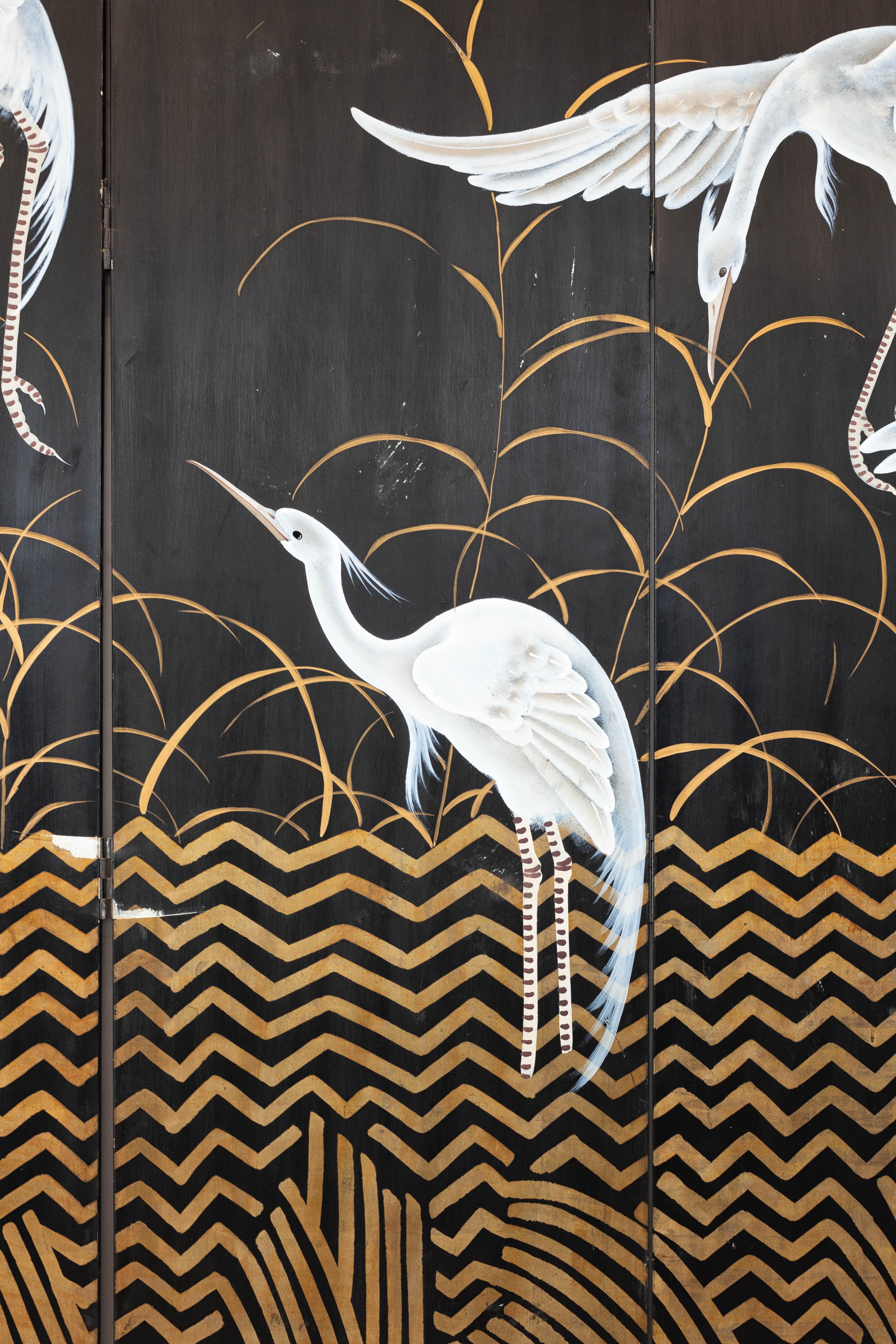 Vintage Coromandel Screen with White Cranes, Gold Accents, and Black Lacquer For Sale 7