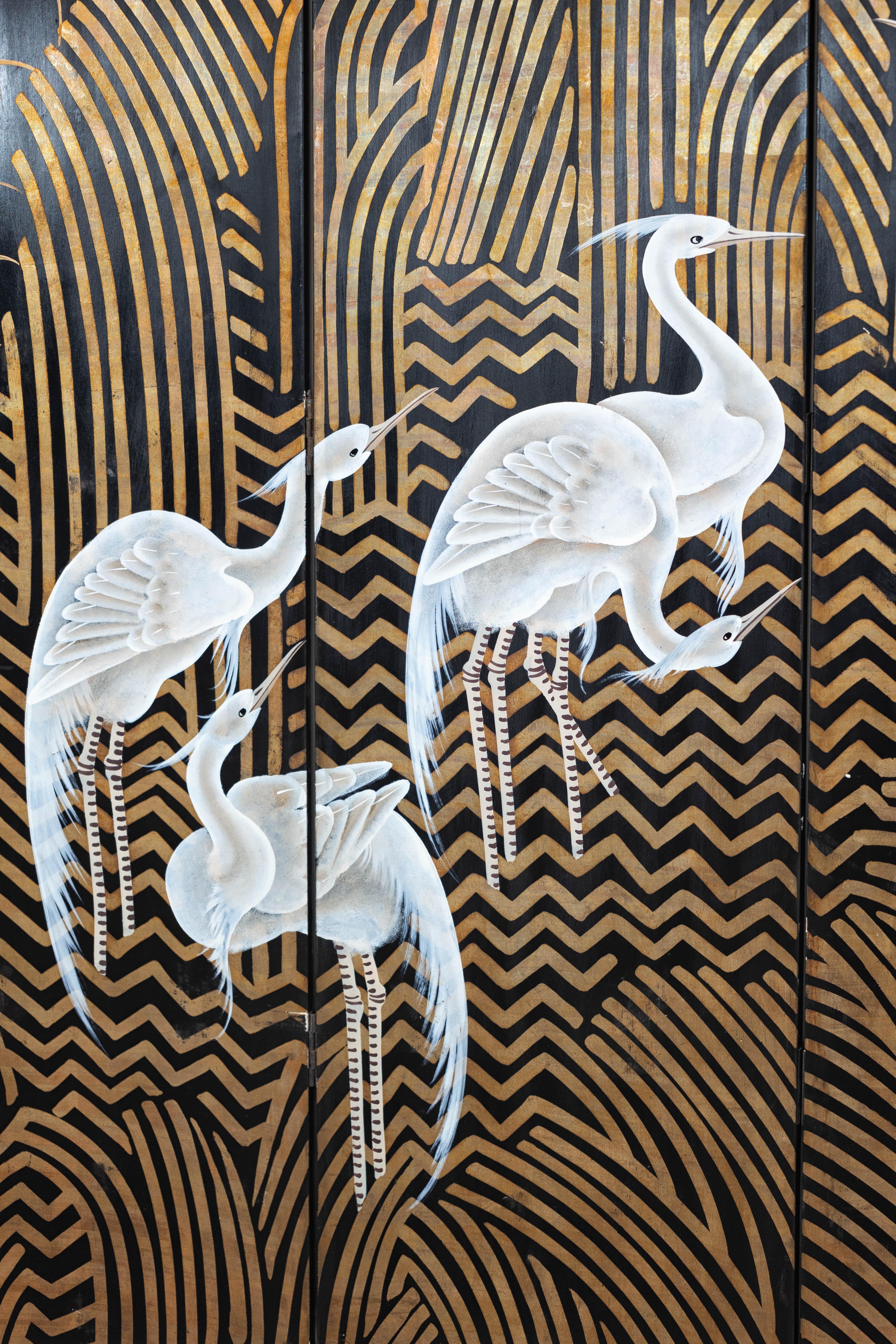 Vintage Coromandel Screen with White Cranes, Gold Accents, and Black Lacquer For Sale 8