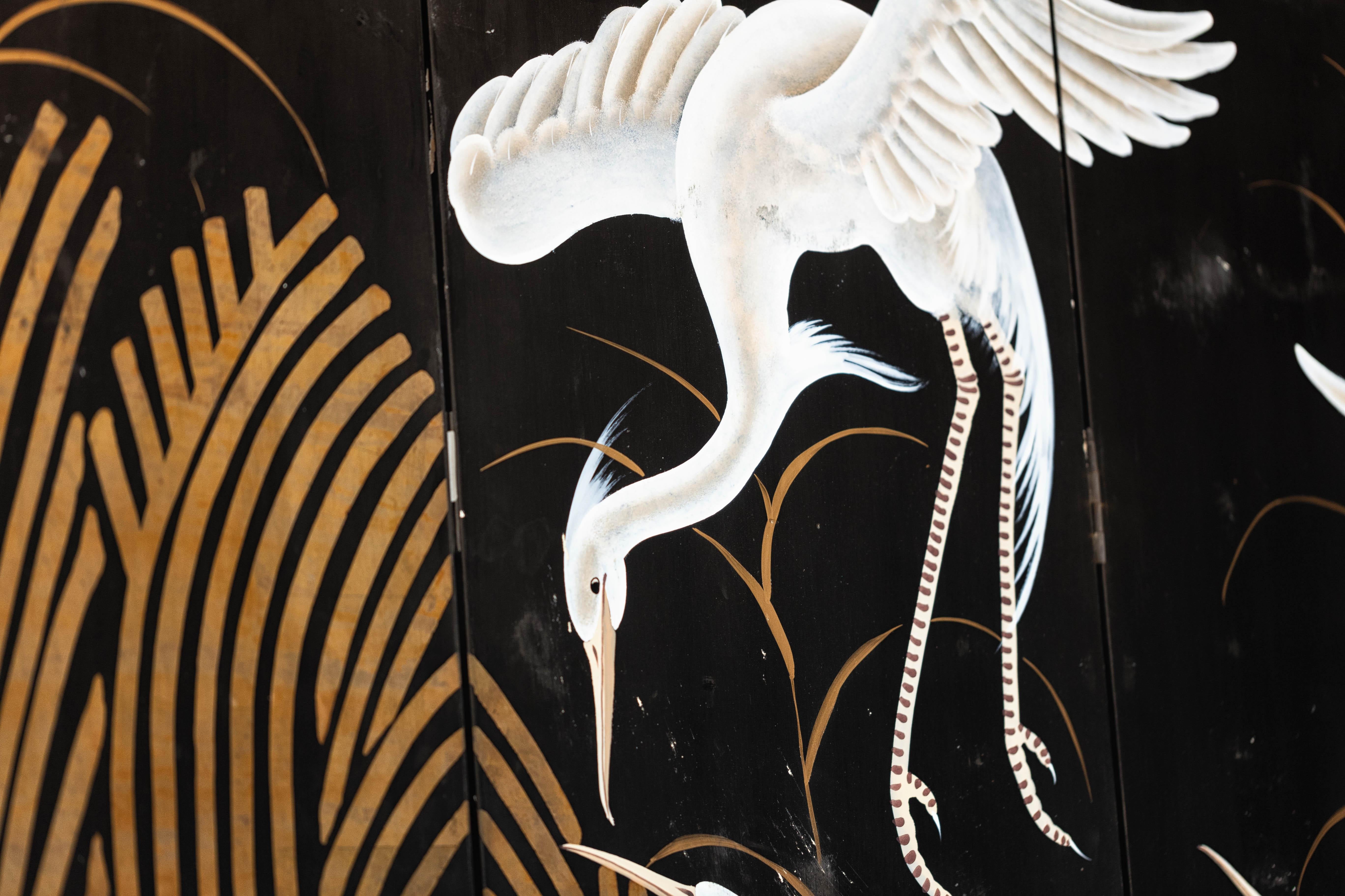 Vintage Coromandel Screen with White Cranes, Gold Accents, and Black Lacquer For Sale 9