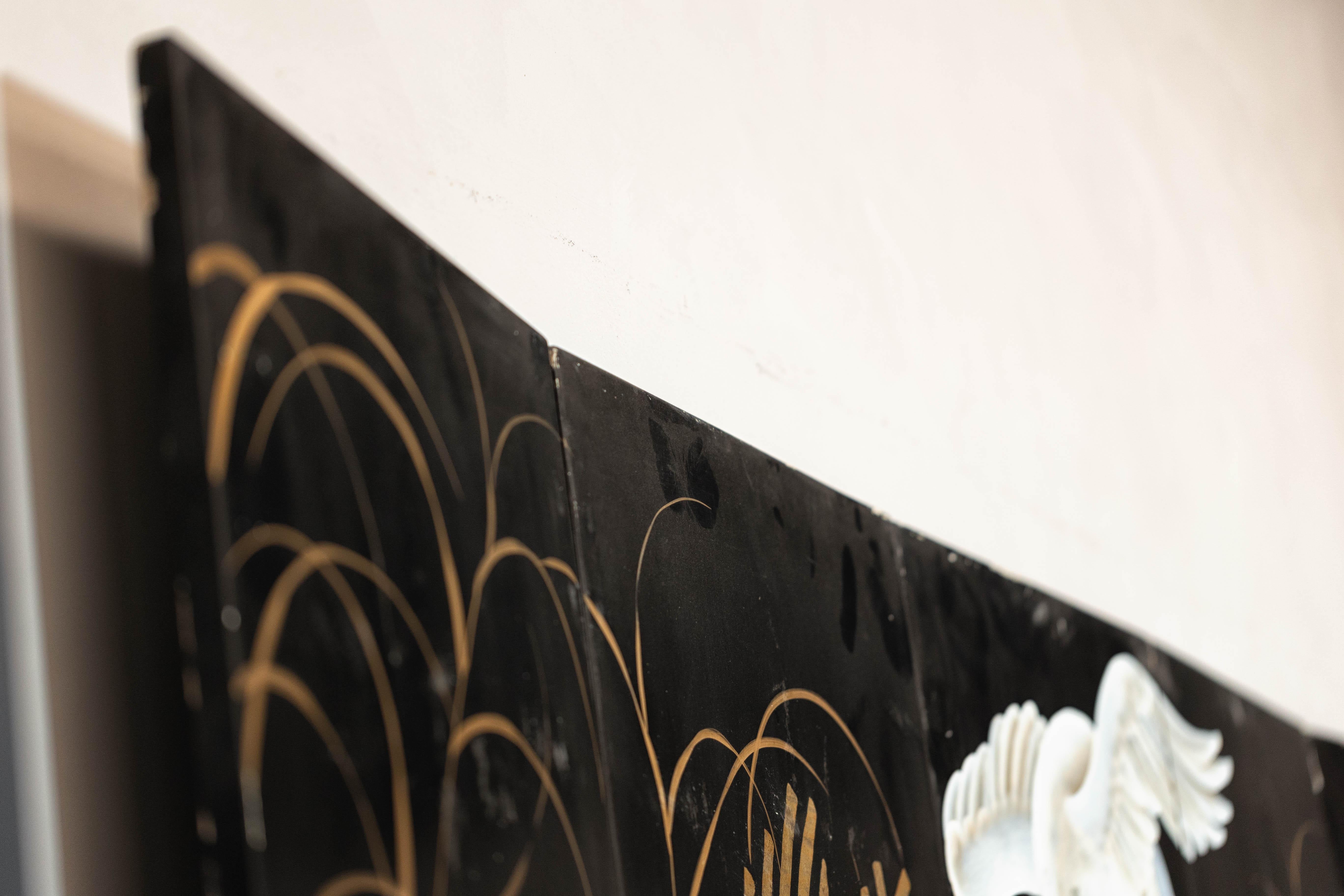 Vintage Coromandel Screen with White Cranes, Gold Accents, and Black Lacquer For Sale 10