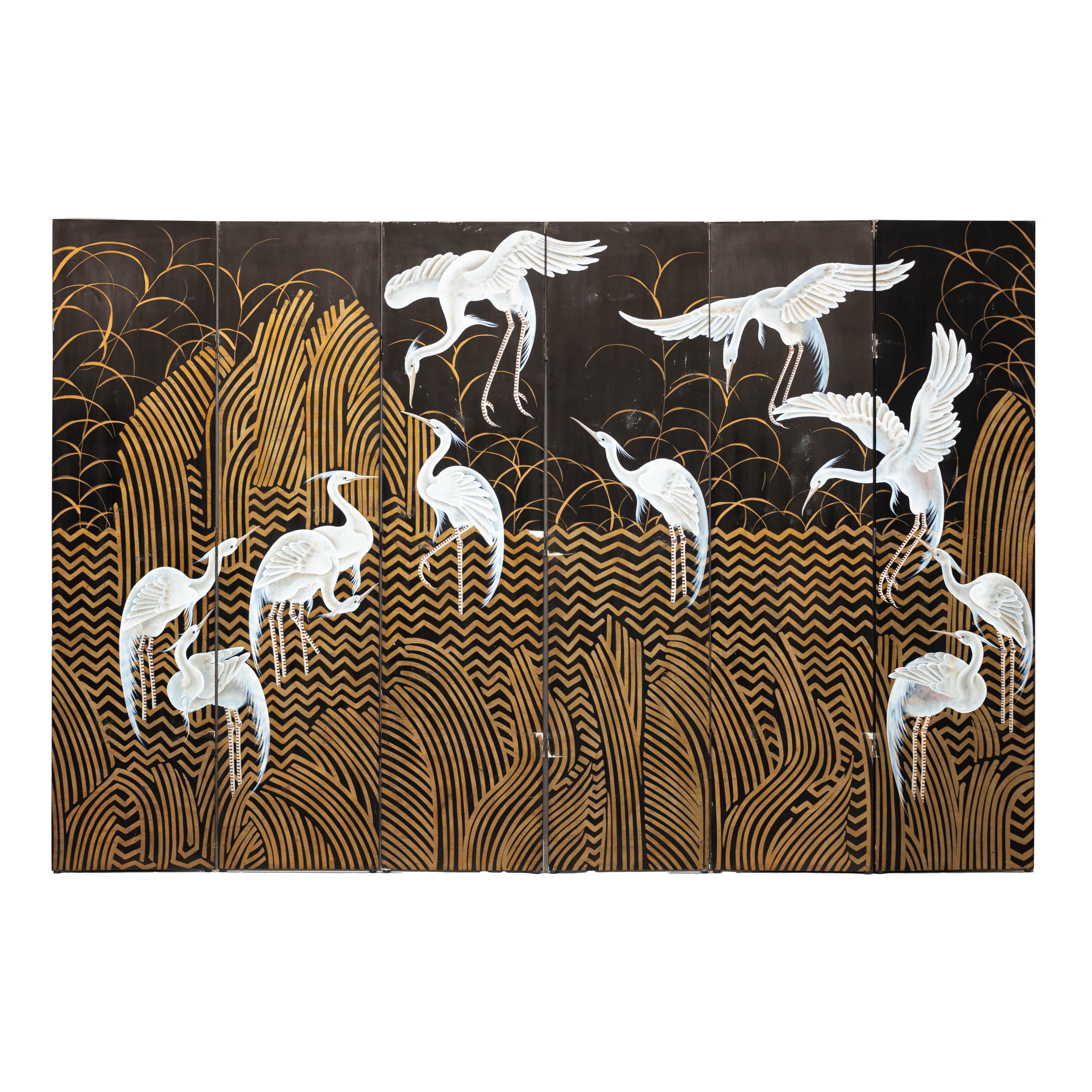 Vintage Coromandel Screen with White Cranes, Gold Accents, and Black Lacquer For Sale 11