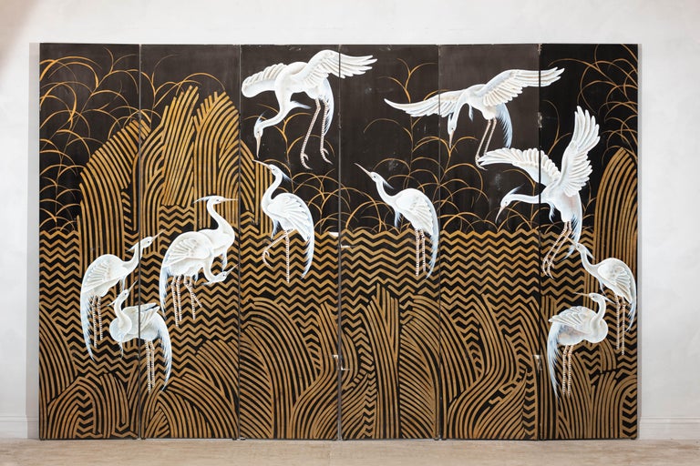 Vintage Coromandel Screen with White Cranes, Gold Accents, and