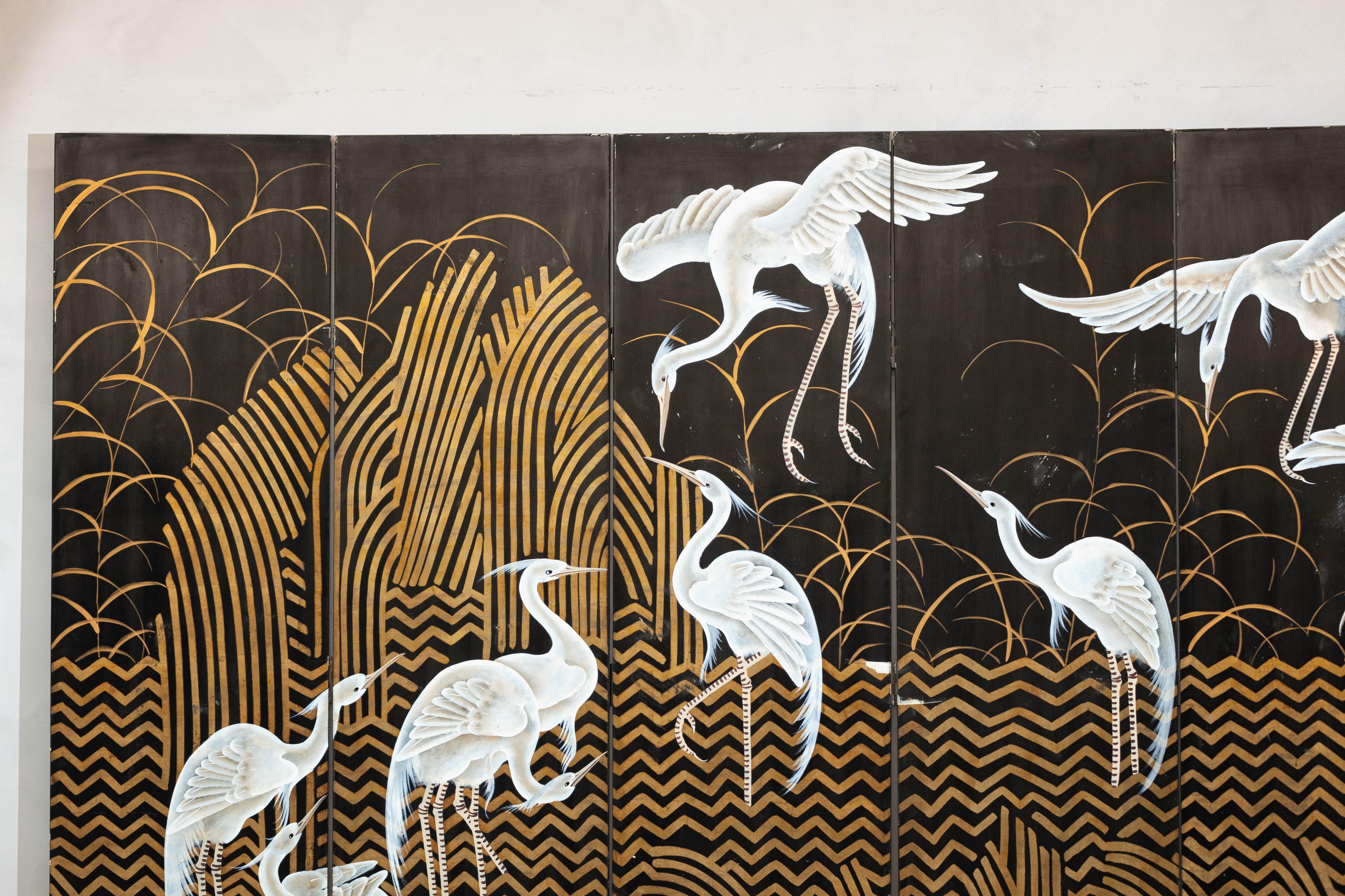 Chinese Vintage Coromandel Screen with White Cranes, Gold Accents, and Black Lacquer For Sale