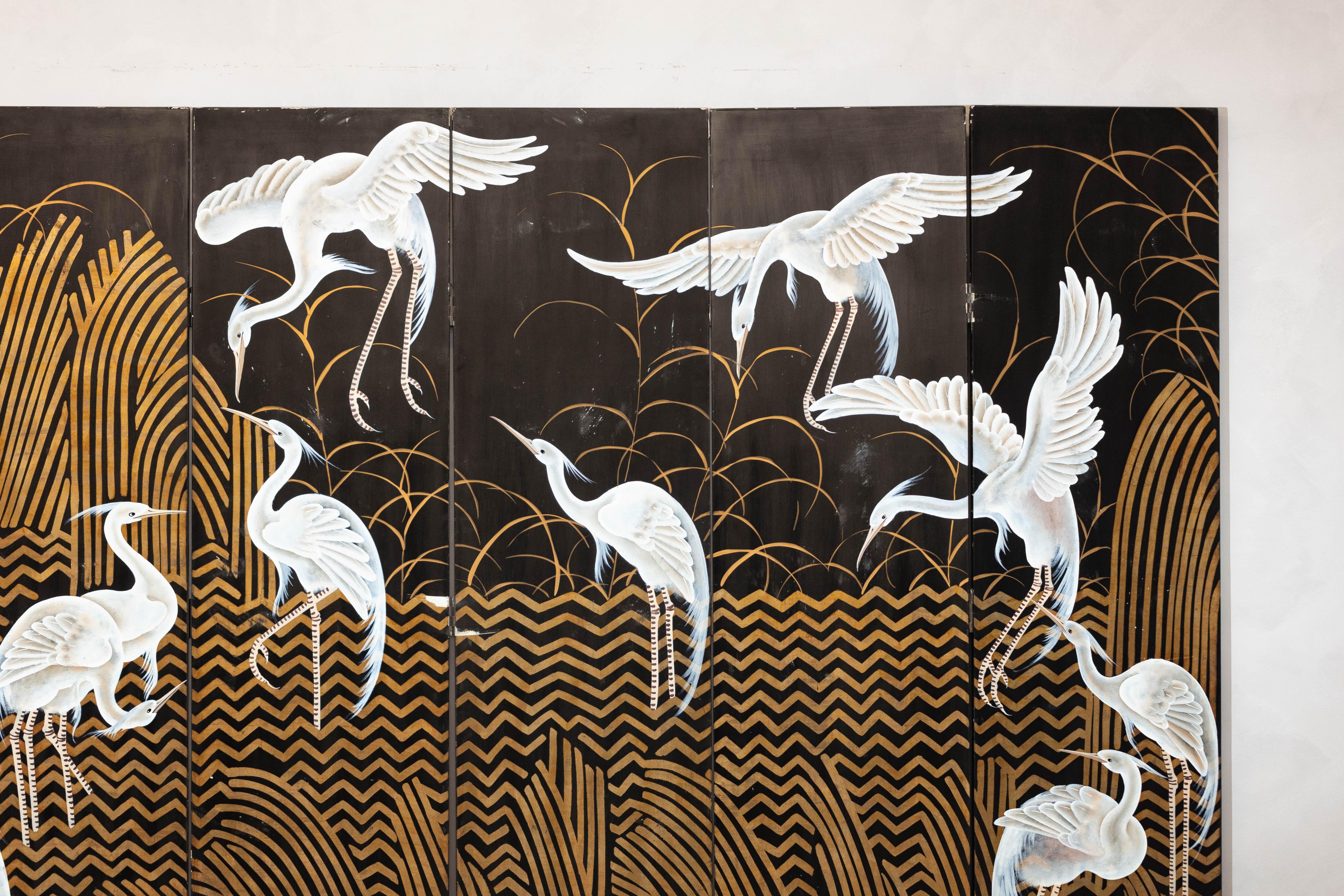 Gilt Vintage Coromandel Screen with White Cranes, Gold Accents, and Black Lacquer For Sale