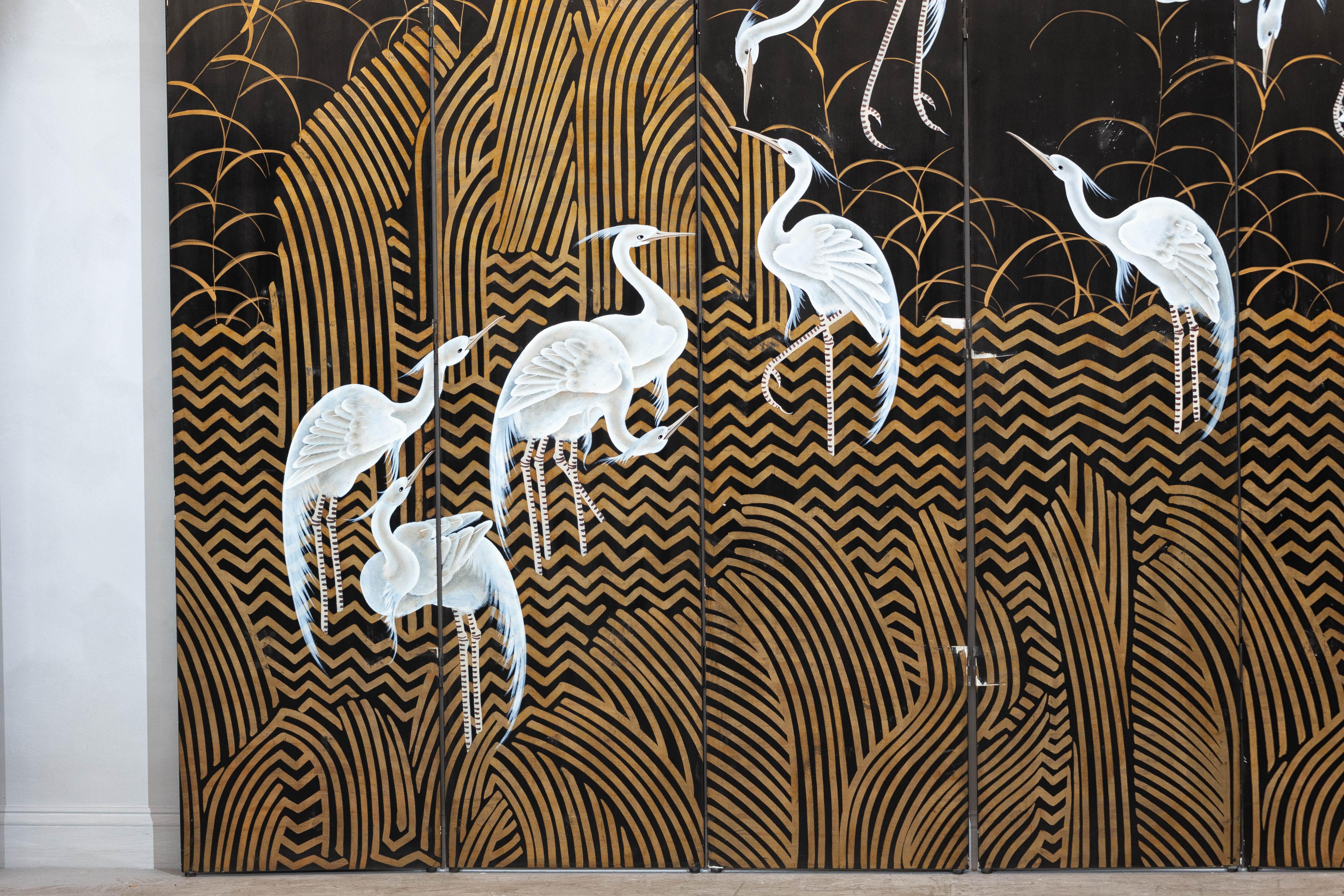 20th Century Vintage Coromandel Screen with White Cranes, Gold Accents, and Black Lacquer For Sale