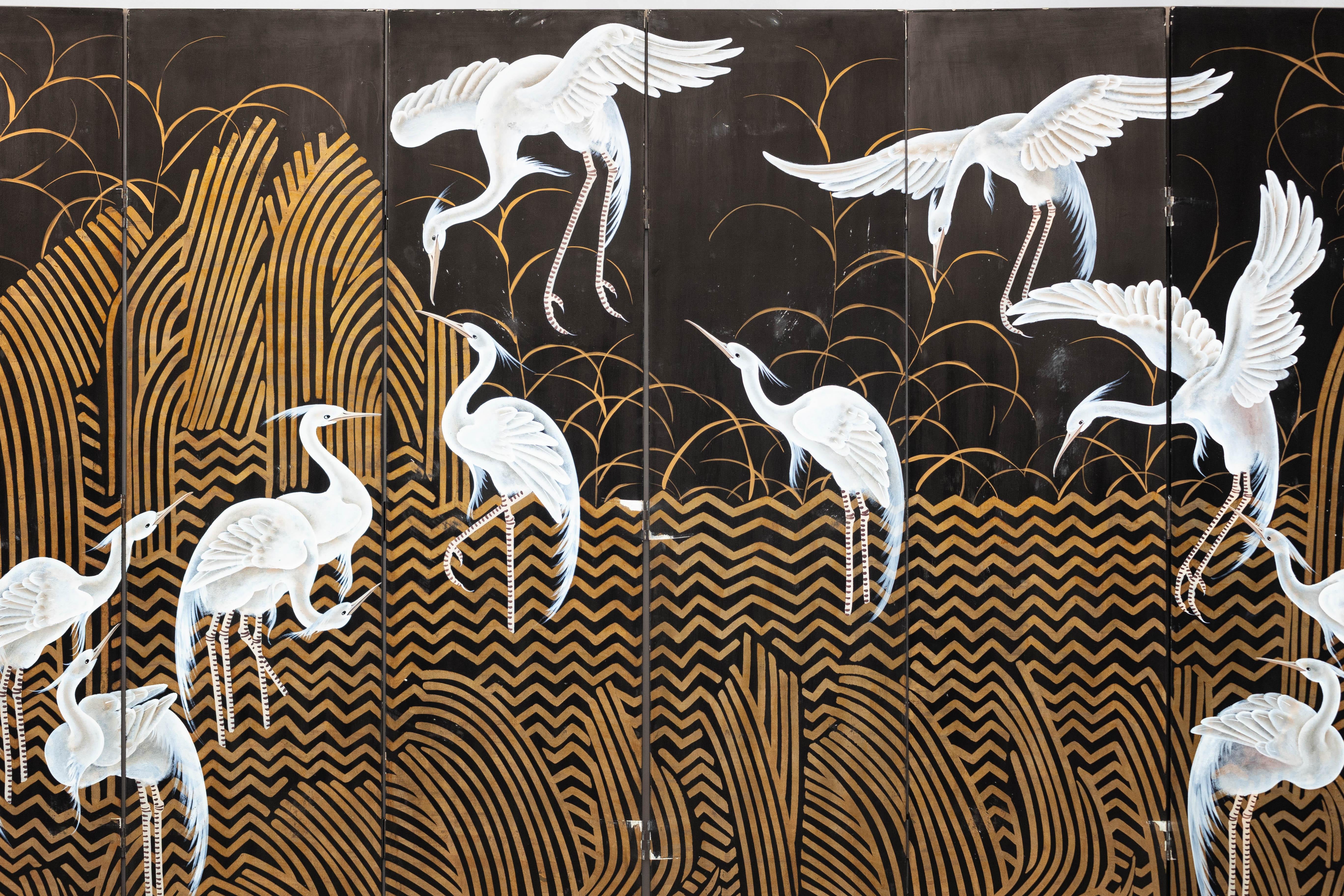 Wood Vintage Coromandel Screen with White Cranes, Gold Accents, and Black Lacquer For Sale