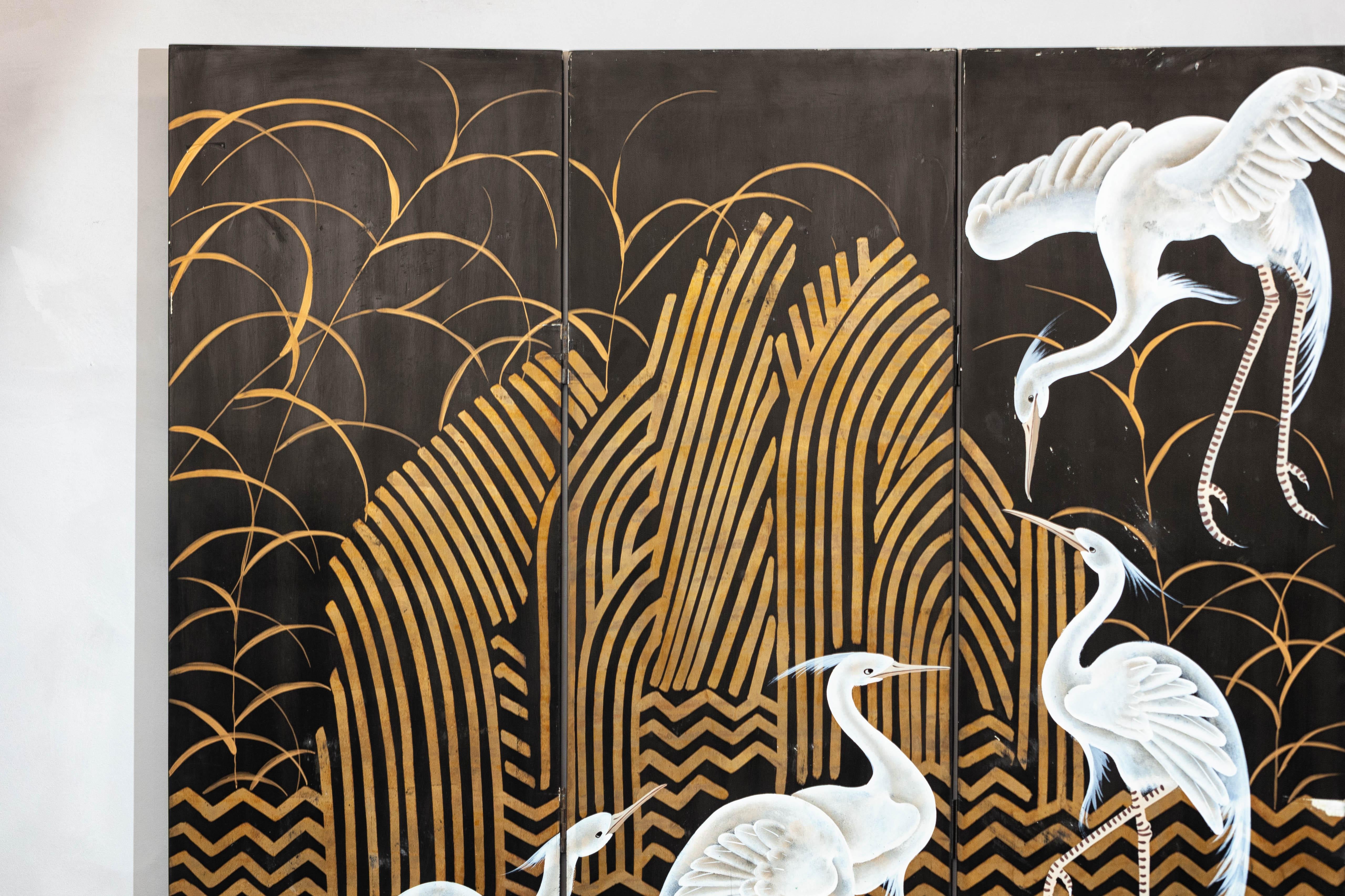 Vintage Coromandel Screen with White Cranes, Gold Accents, and Black Lacquer For Sale 1