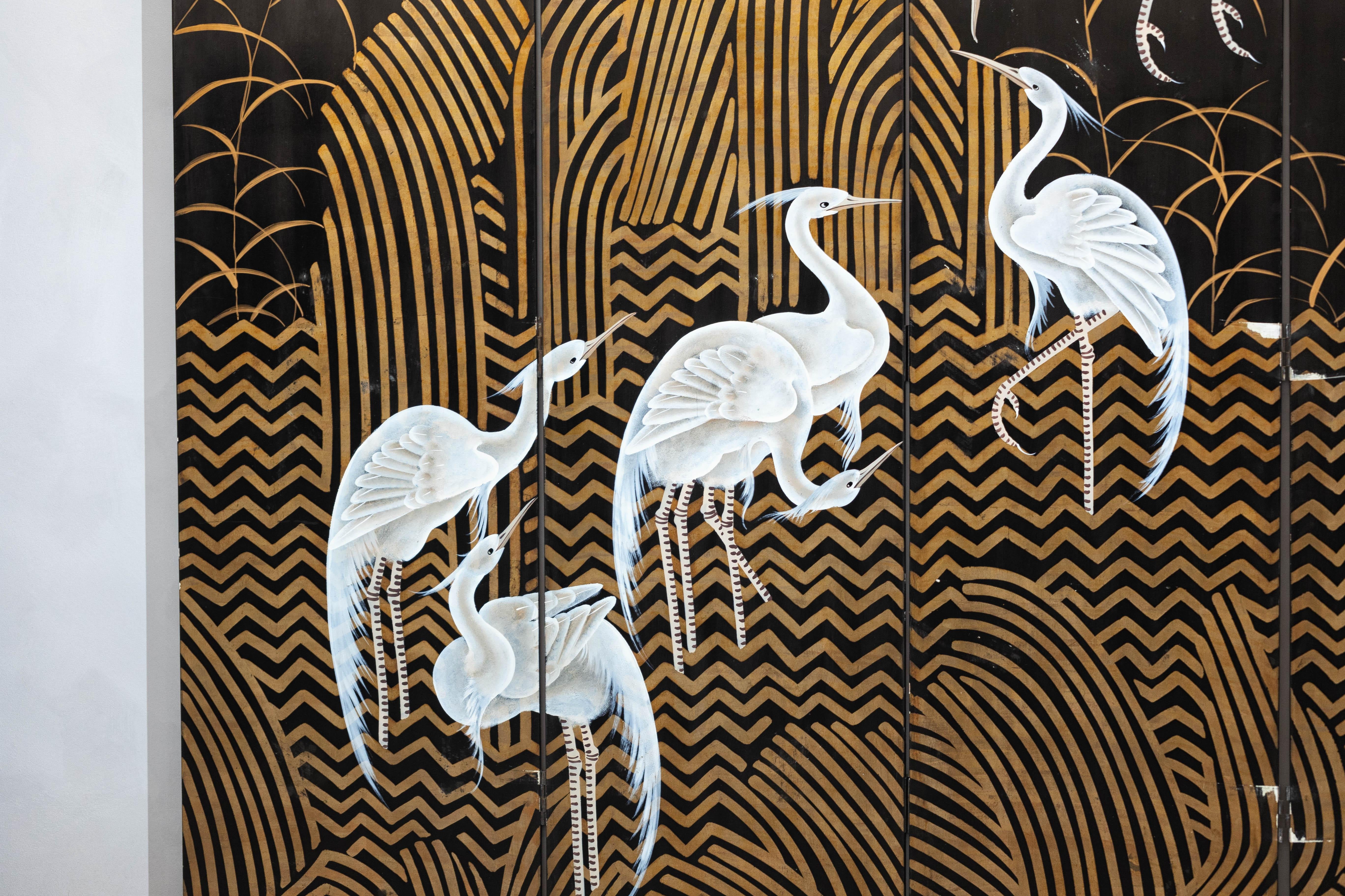 Vintage Coromandel Screen with White Cranes, Gold Accents, and Black Lacquer For Sale 2