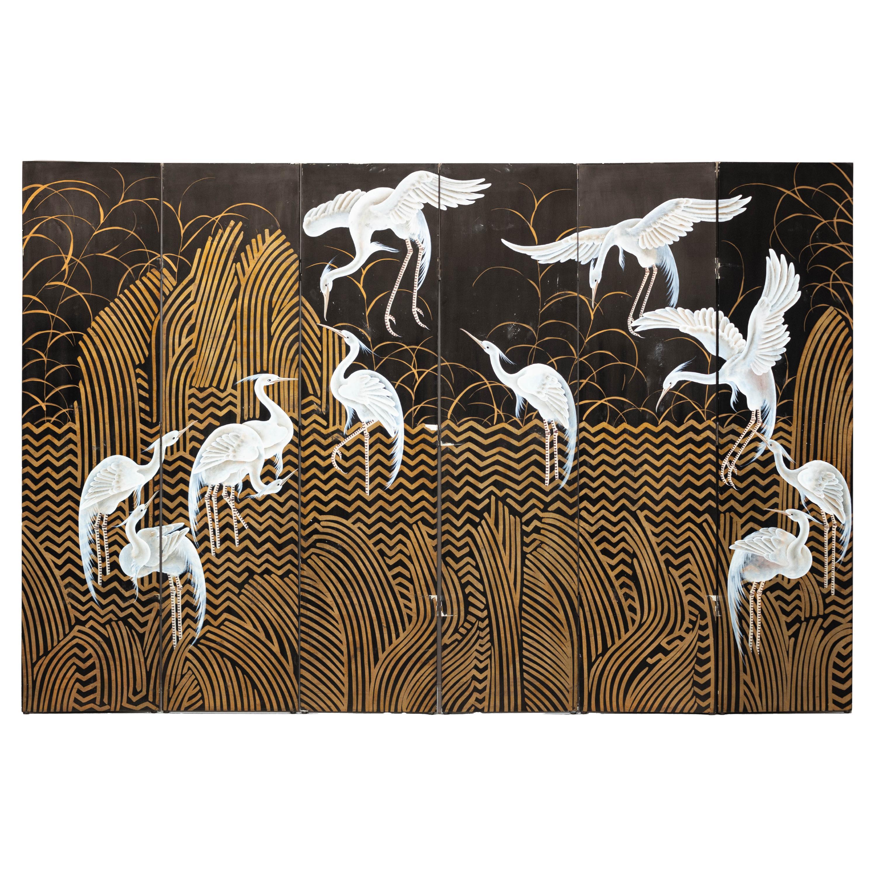 Vintage Coromandel Screen with White Cranes, Gold Accents, and Black Lacquer