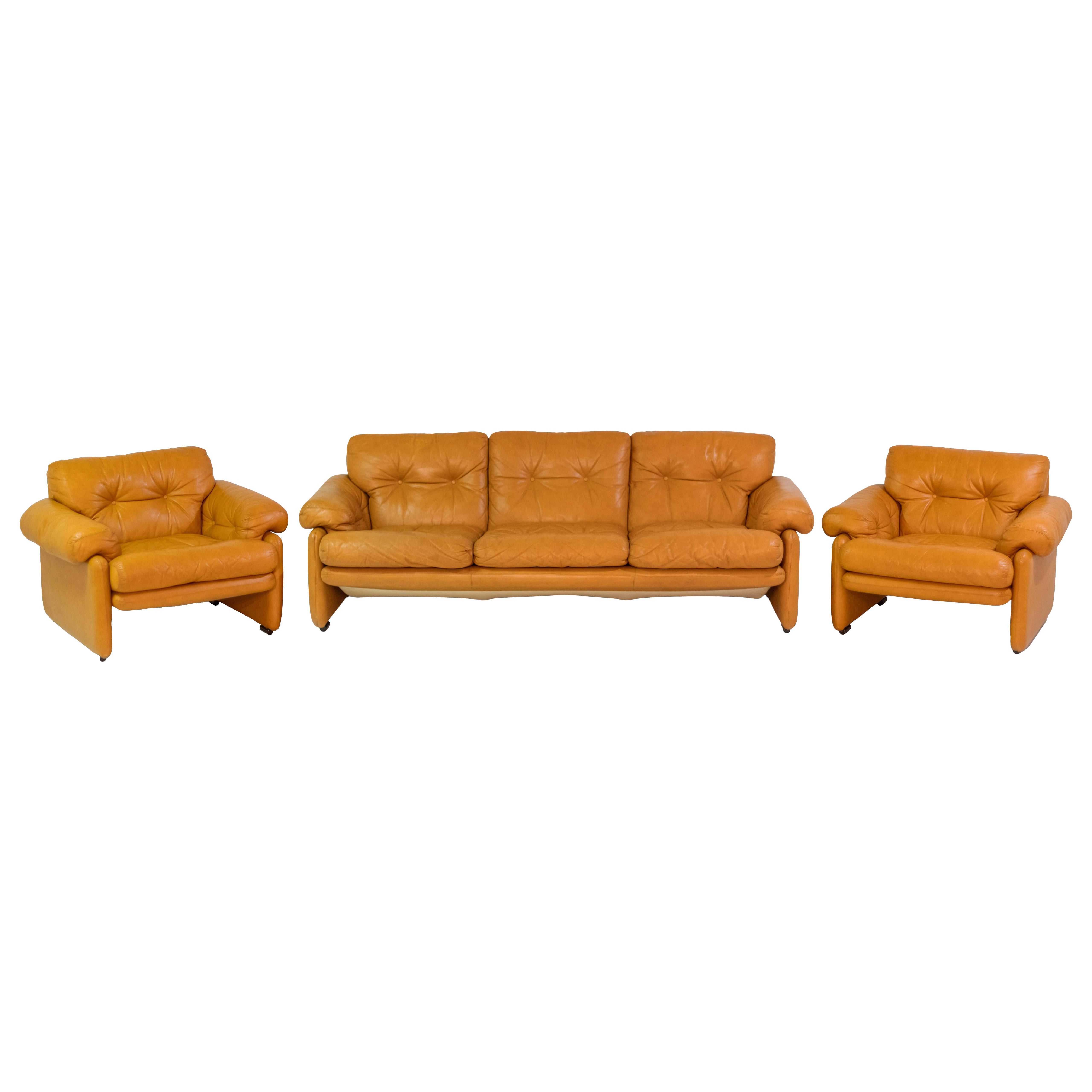 Vintage Coronado Brown Leather Living Room Set Tobia Scarpa Labeled C&B Italia For Sale