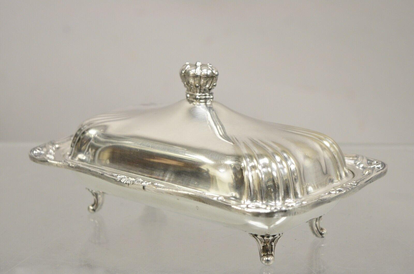Vintage Coronet Silver Victorian Silver Plated Covered Butter Dish mit Royal Crown Handle. Circa Mitte des 20. Jahrhunderts. Abmessungen: 4