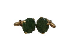 Vintage Correct 10k Yellow Gold Carved Green Jade Cufflinks 7g