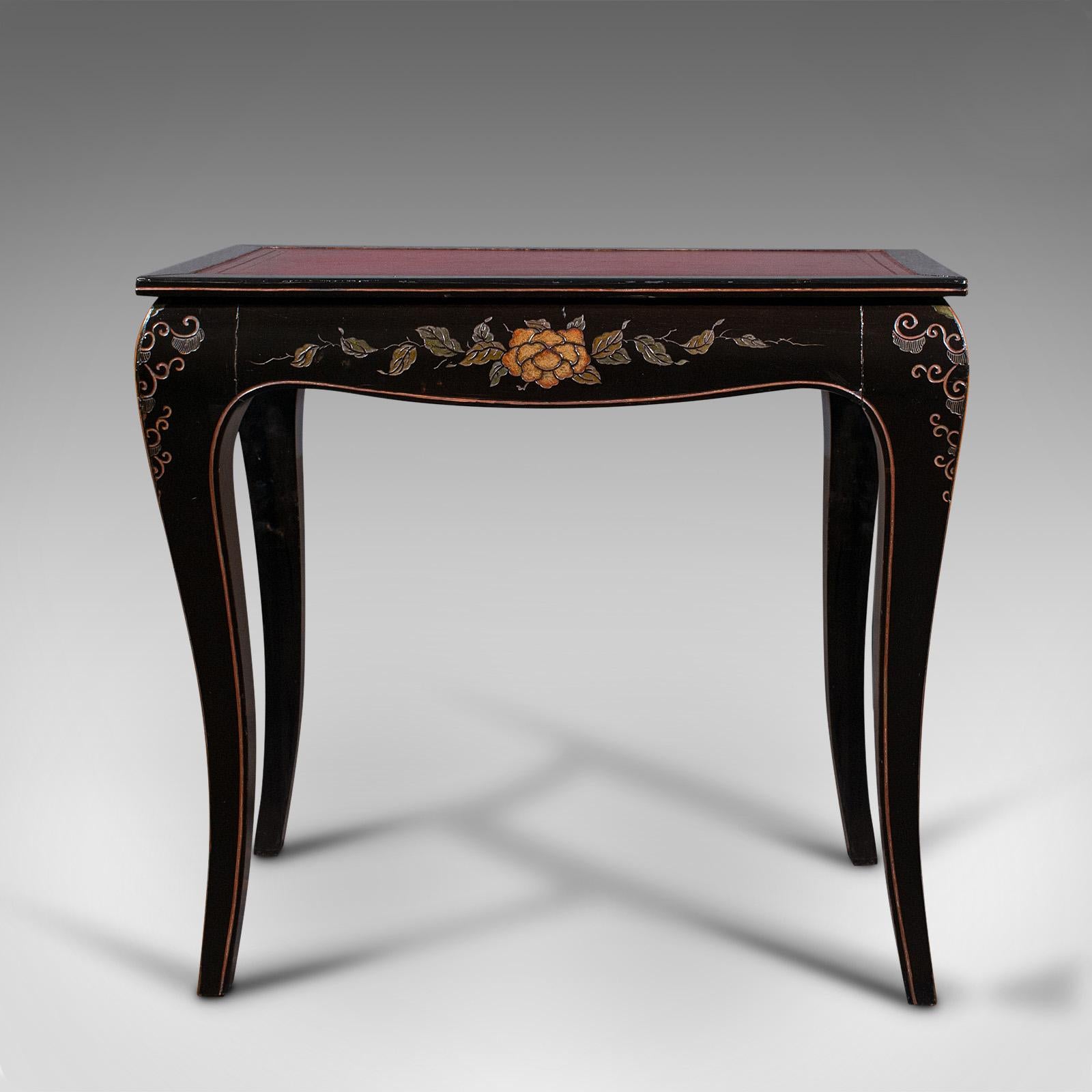 This is a vintage correspondence table. An Anglo-Chinese oak side table or writing desk with Japanned taste, dating to the Art Deco period, circa 1930.

Presenting beautifully, with fine detail and pleasing colour
Displaying a desirable aged