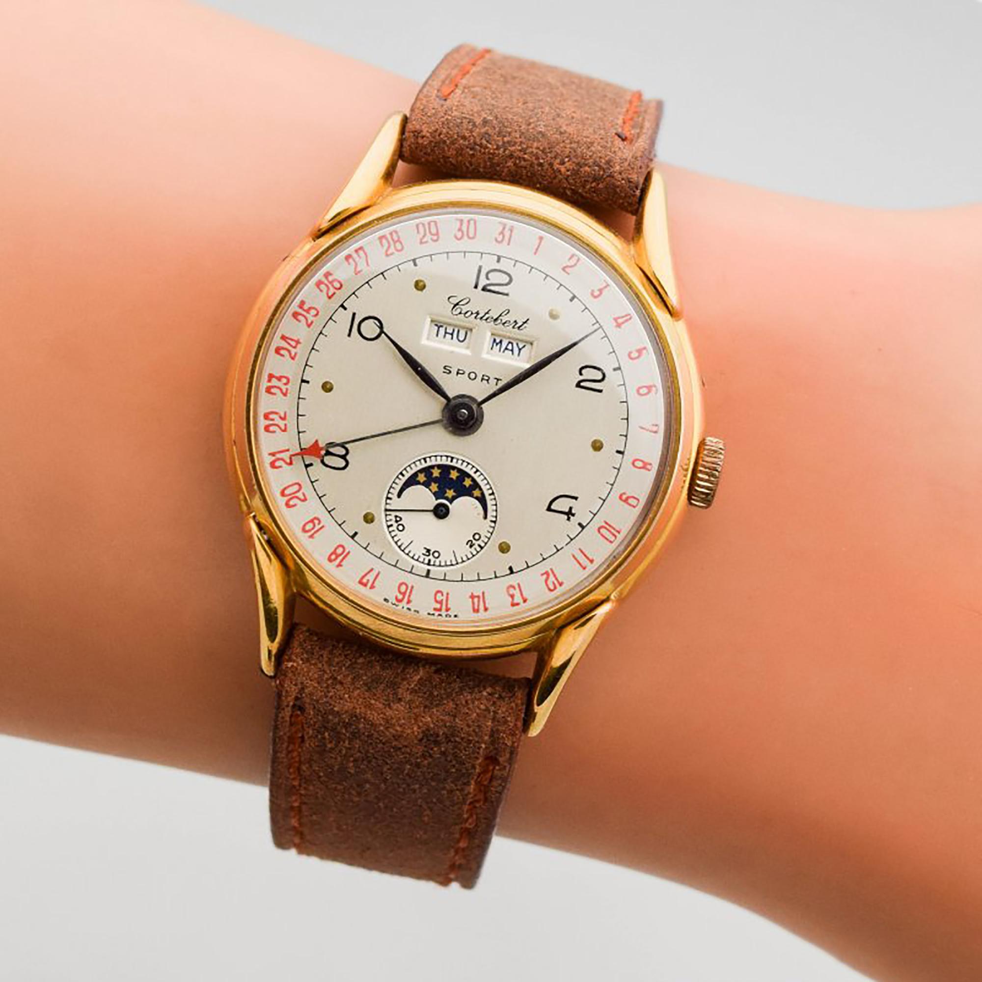 Vintage Cortebert Triple Date Moonphase Watch, 1940s For Sale 1