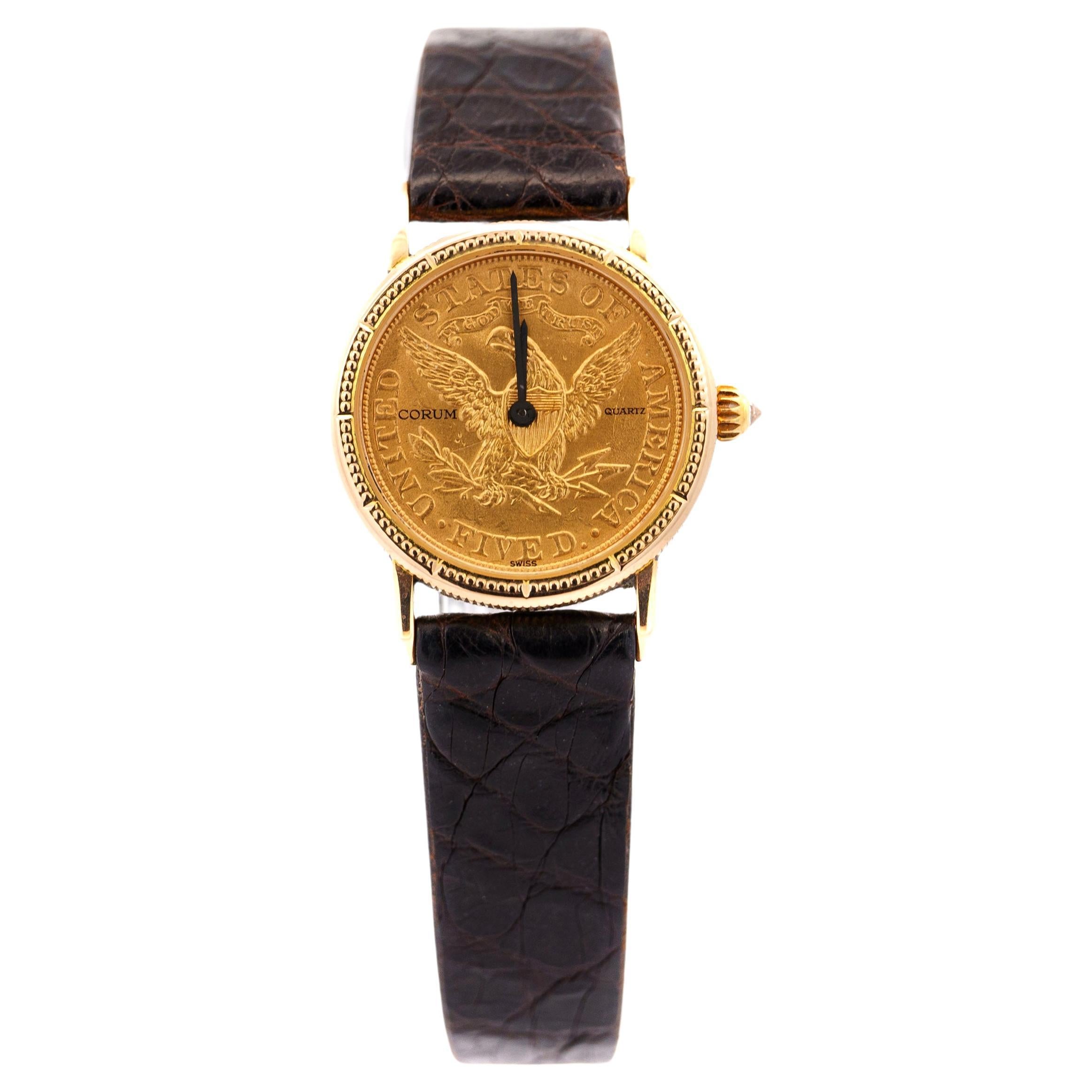 Vintage Corum Watch Circa 1970 With a 22K Year 1899 5 Dollar Gold Coin. 24mm dial with textured 18k gold case, quartz movement, 4.5mm thickness, and original Corum watch box and box case. A gorgeous masterpiece of luxury timepieces and historic
