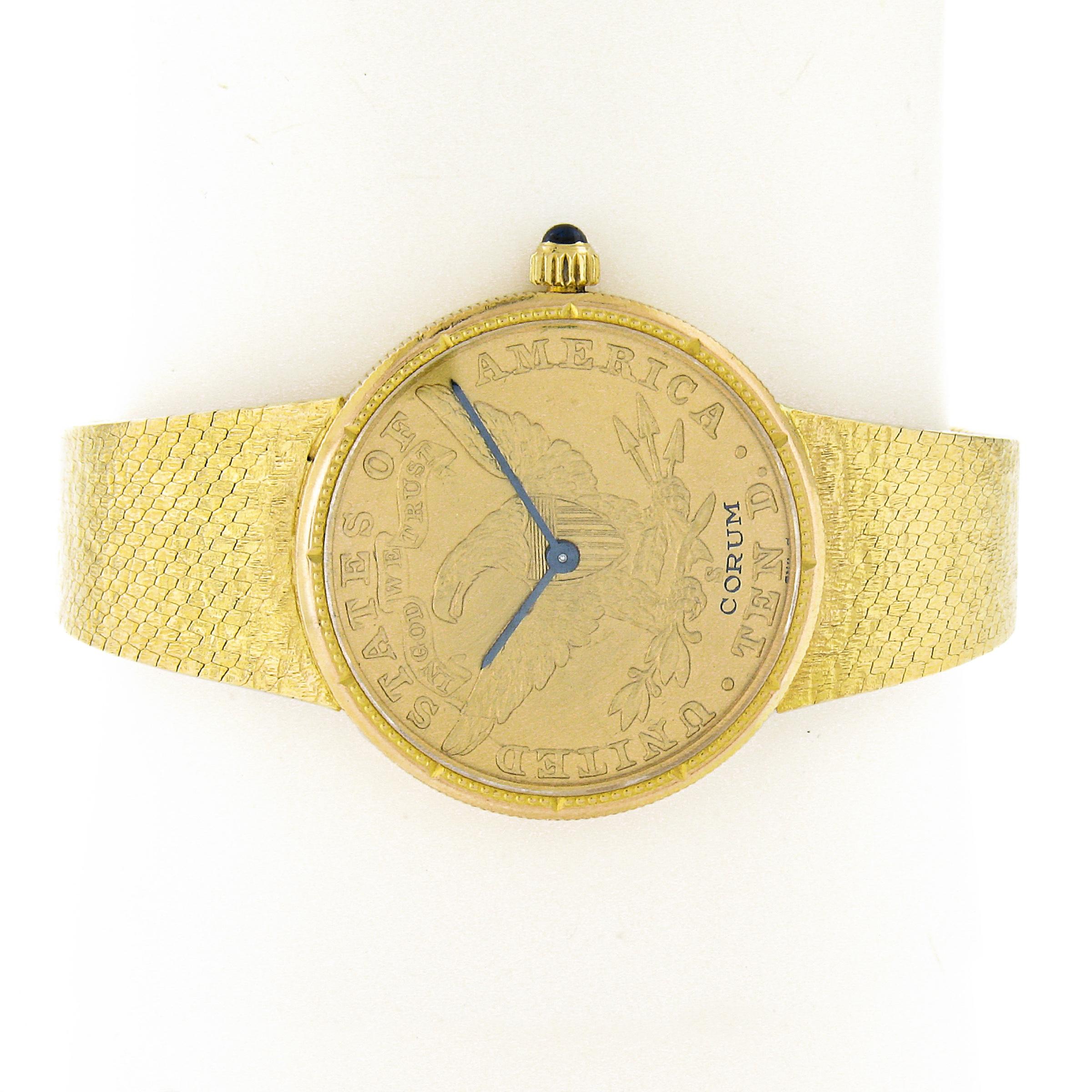 Watchmaker: Corum
Movement: Swiss Made Hand Wound Mechanical Movement
Case Material: Solid 18k Yellow Gold
Case Size: 28mm (not including crown)
Bracelet:	Solid 18k Gold
Length: Slightly adjustable - Will fit up to a 6.25 inch wrist.
Gross