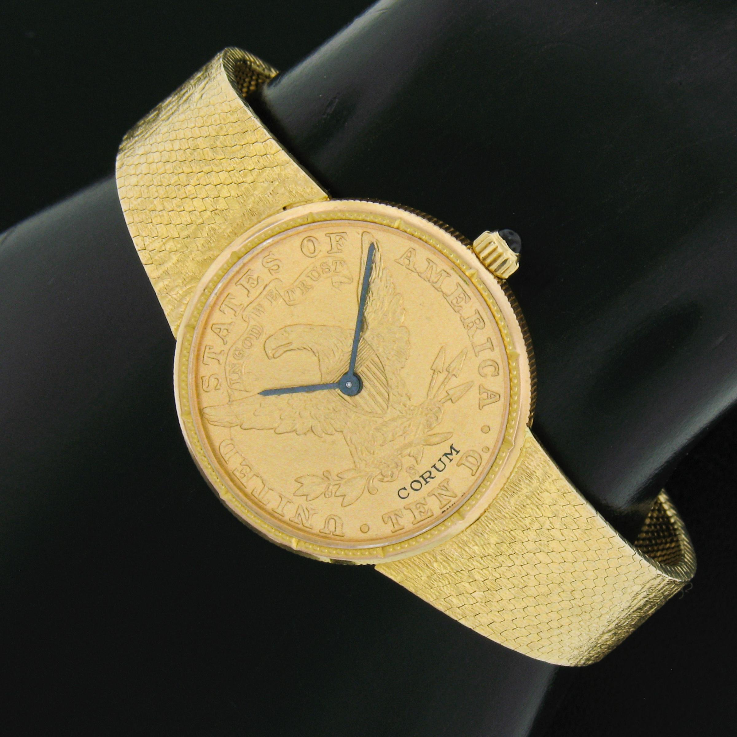 Vintage Corum 18k Gold 28mm Ten $10 Dollar Coin Mechanical Wrist Watch Bracelet In Excellent Condition For Sale In Montclair, NJ