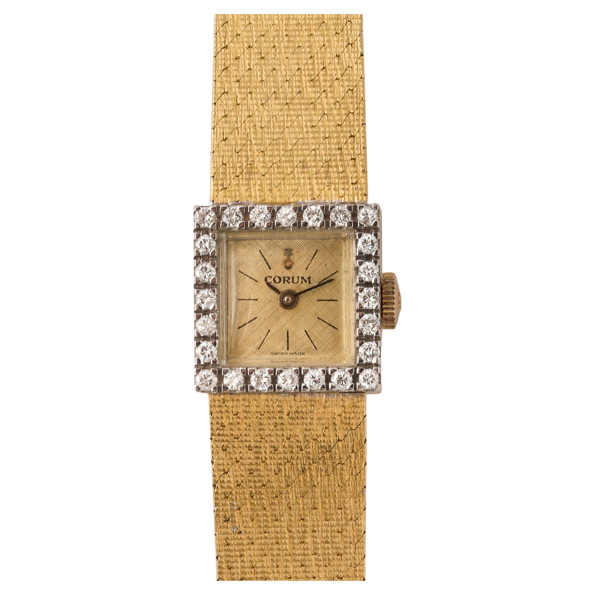 Vintage Corum 18K Weißgold & Diamant Uhr mit geflochtenem Goldarmband