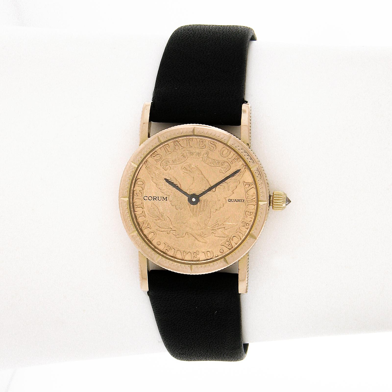 Orologiaio: Corum.
Movimento: Swiss Made - Quarzo
Materiale della cassa: Oro massiccio 18k
Numero di serie del caso: 499465
Peso lordo:	19.6 grammi (compresi cassa, movimento e cinturino)
Dimensioni della cassa: 23 mm (esclusa la corona)
Altezza