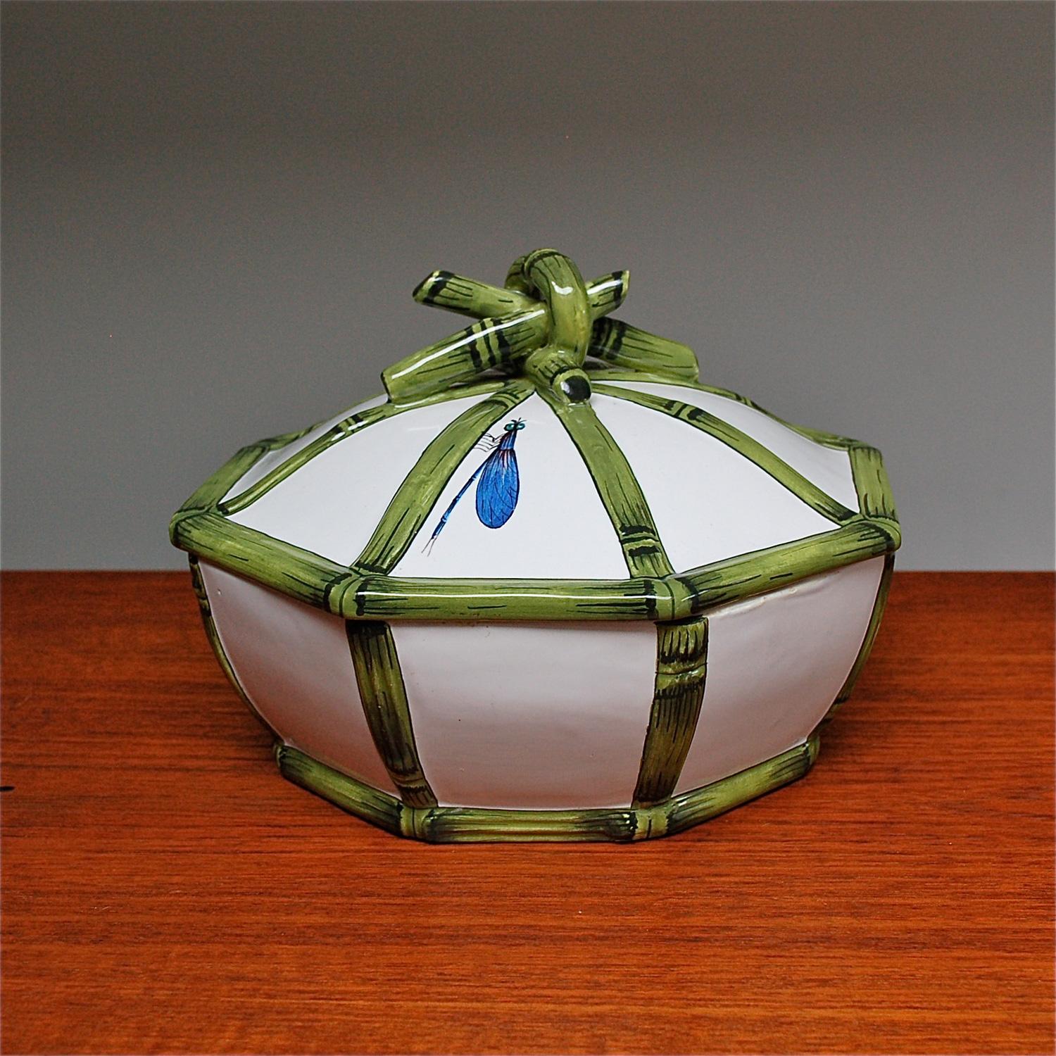 Vintage hand painted Italian pottery serving bowl by COSTA waith bamboo and dragonfly decoration. The base of this piece is octagonal in shape. Each handle, edge or rim is decorated with a green, hand painted, raised bamboo motif. The handle at the
