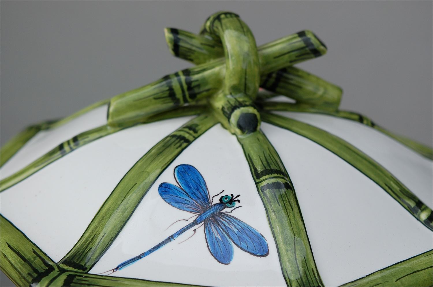 Hand-Painted Vintage COSTA Serving Bowl with Bamboo and Dragonfly Decoration, 1970s Italy For Sale