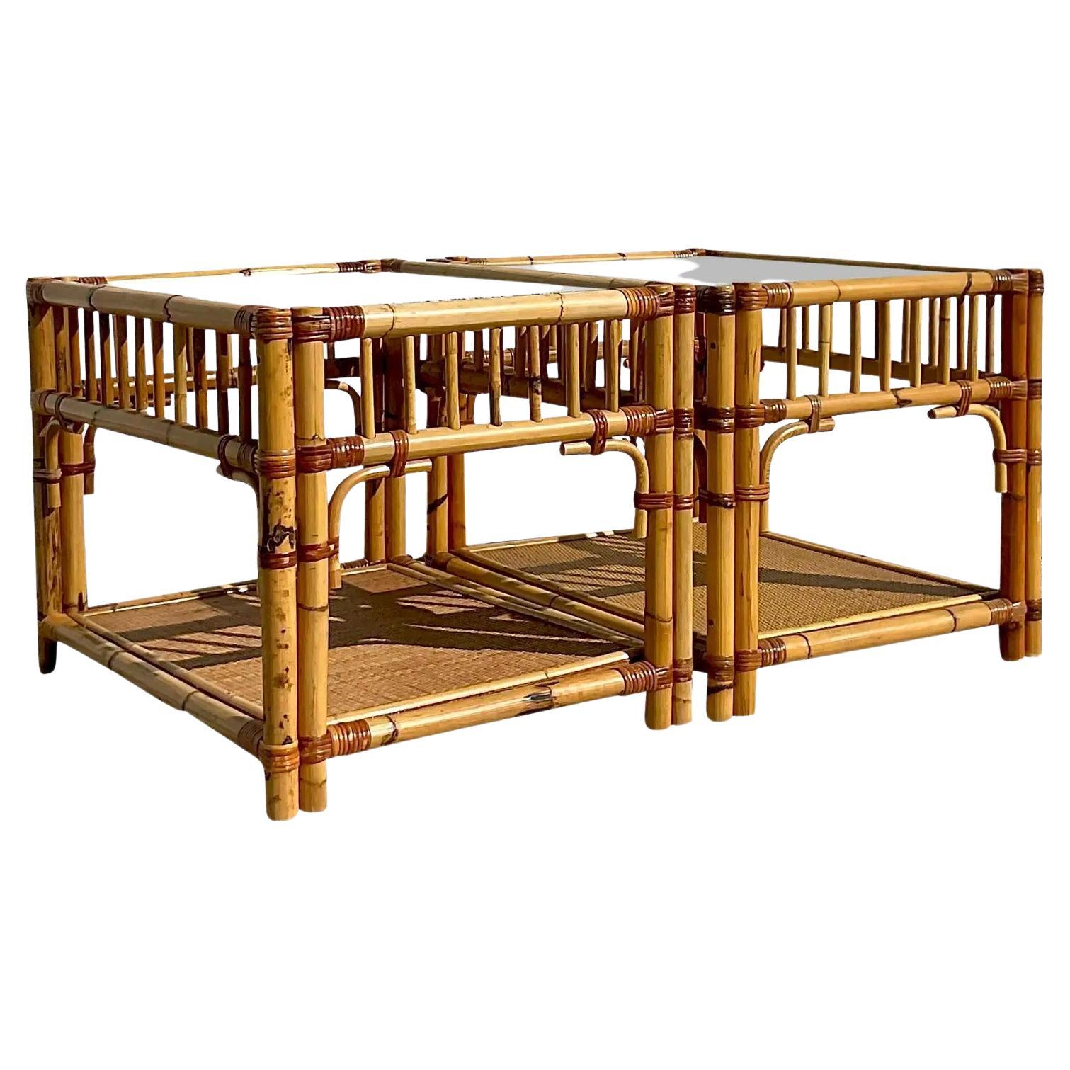 Vintage White Triangular Bamboo Side Table For Sale at 1stDibs