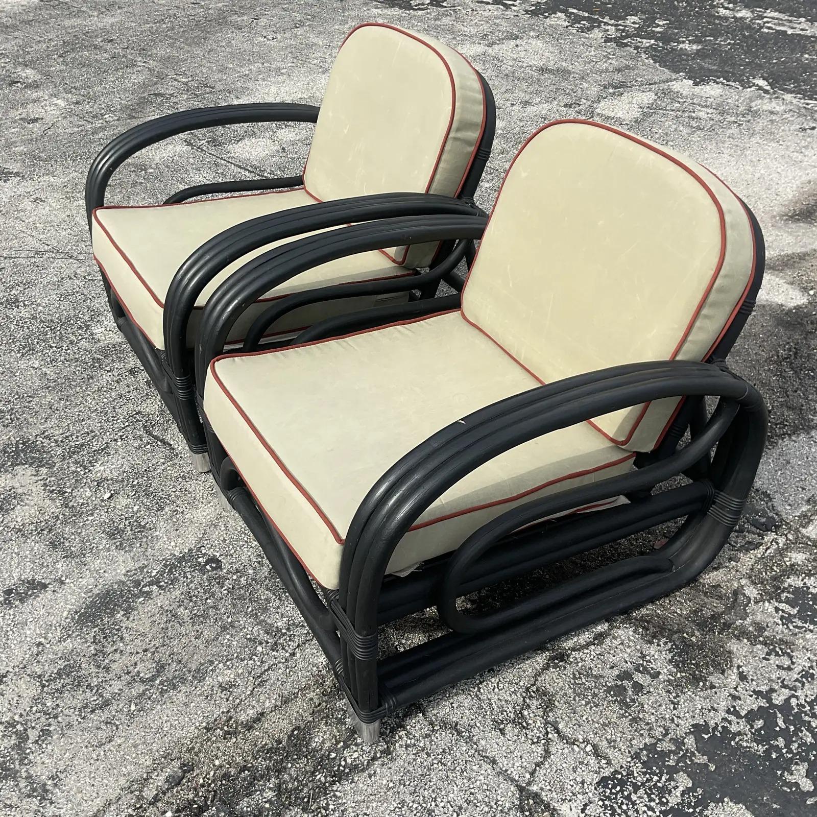 Vintage Costal Bent Rattan Lounge Chairs, a Pair In Good Condition In west palm beach, FL