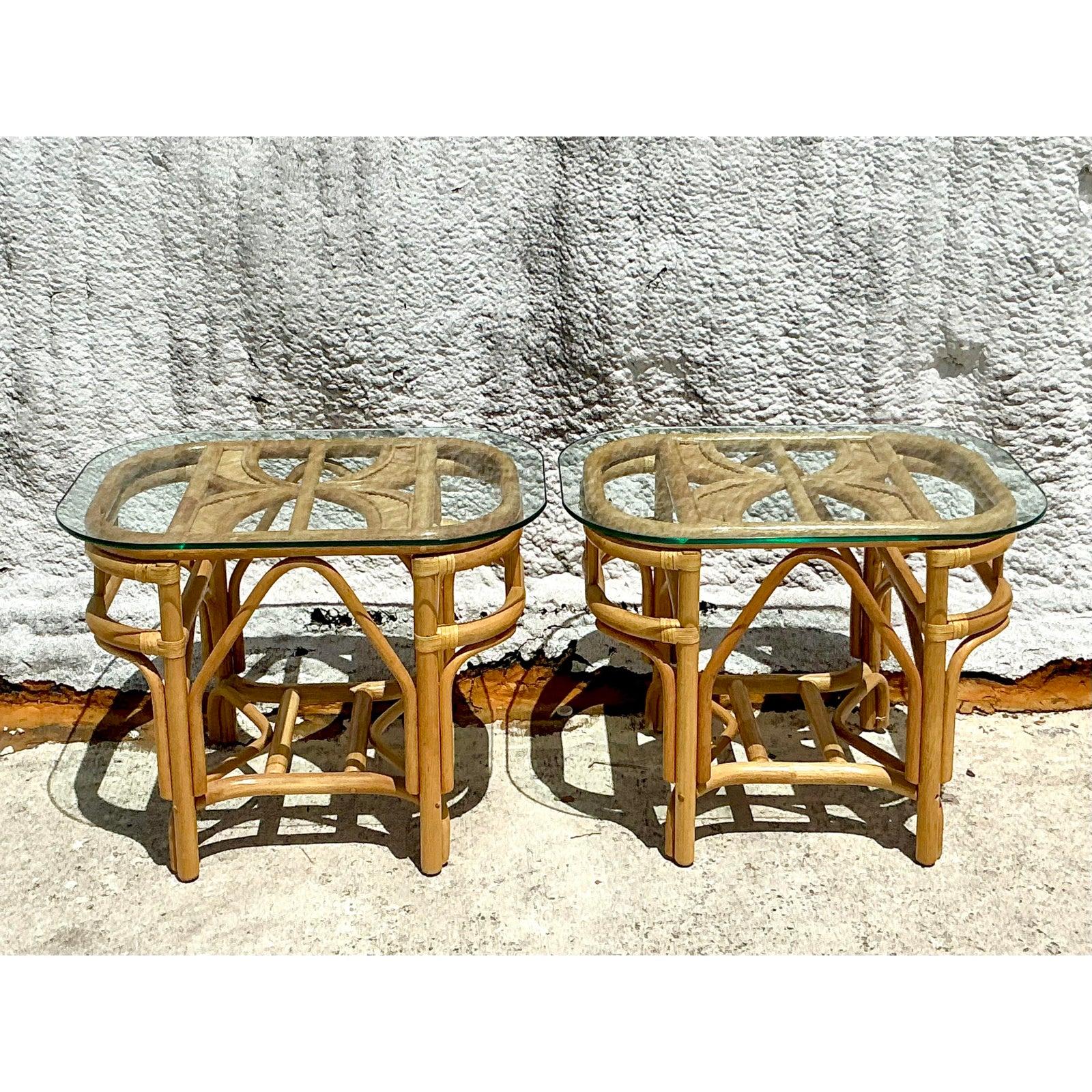 Vintage Costal Bent Rattan Side Tables - A Pair For Sale 5