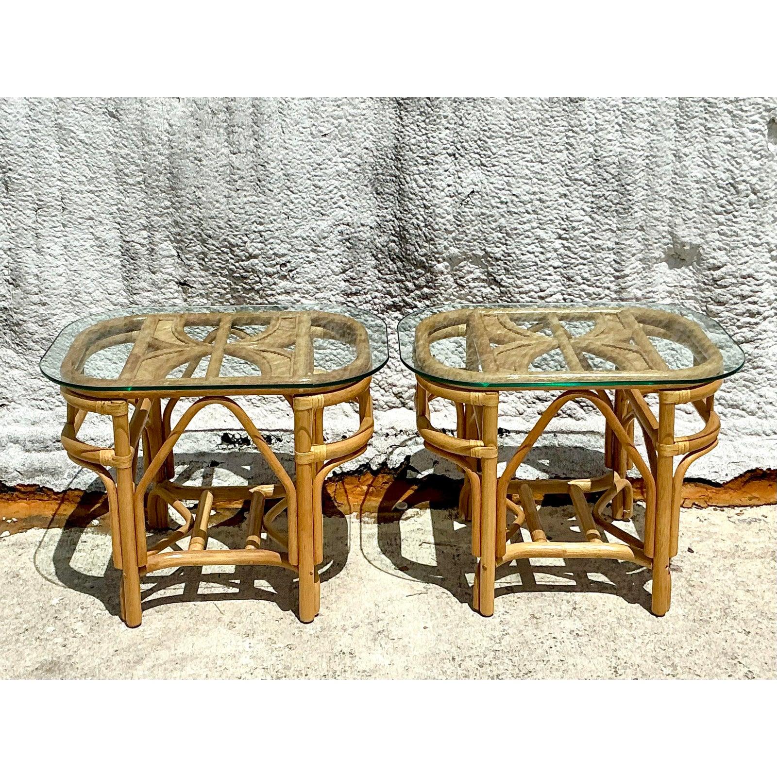 Vintage Costal Bent Rattan Side Tables - A Pair In Good Condition For Sale In west palm beach, FL