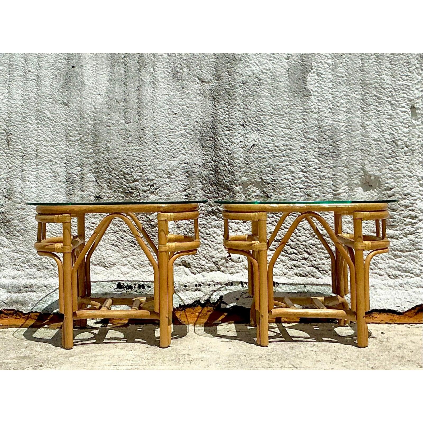 20th Century Vintage Costal Bent Rattan Side Tables - A Pair For Sale