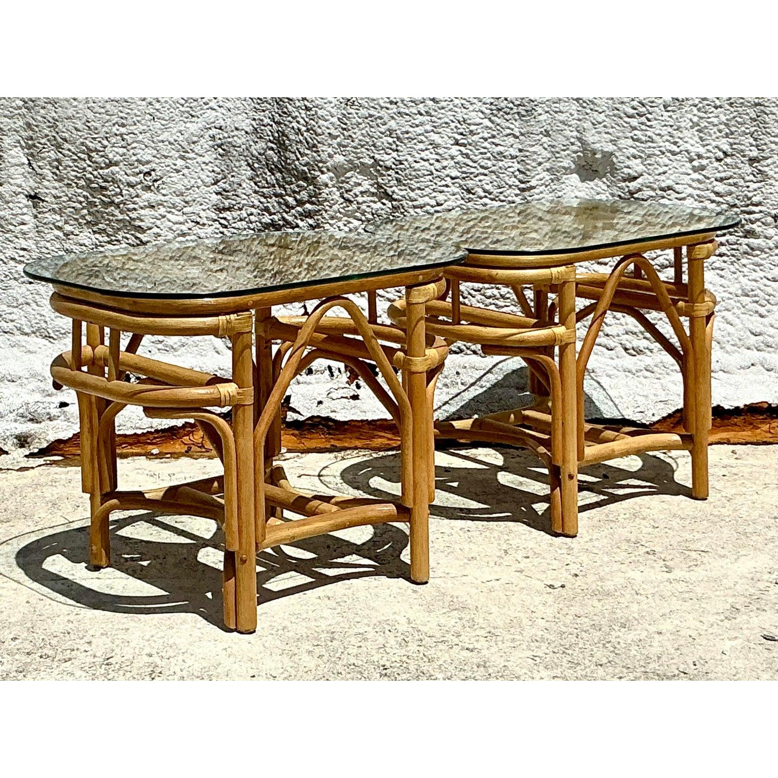 Vintage Costal Bent Rattan Side Tables - A Pair For Sale 1