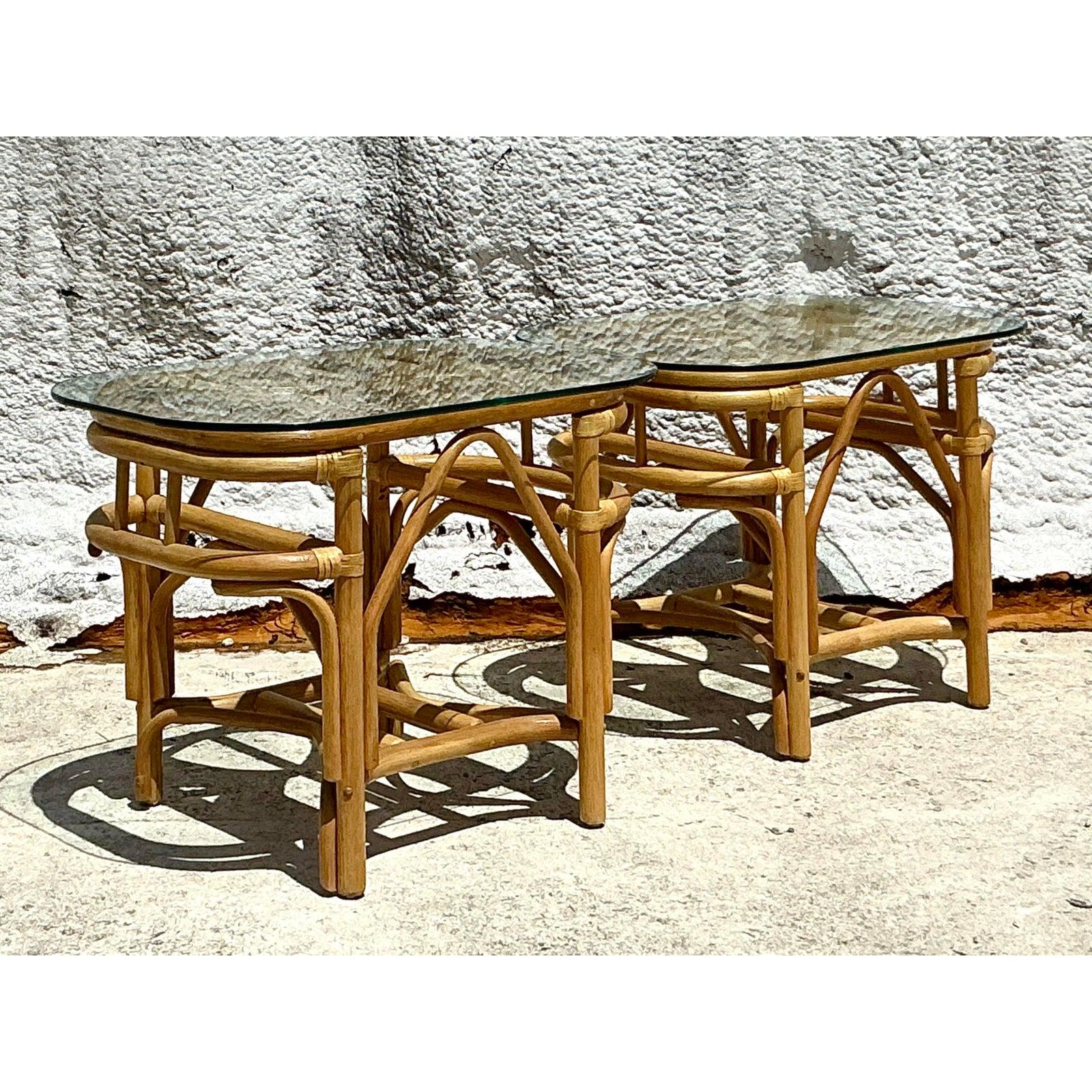 Vintage Costal Bent Rattan Side Tables - A Pair For Sale 2