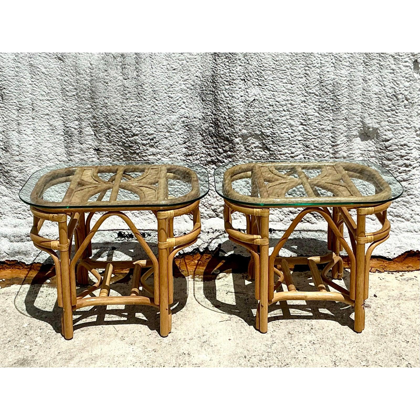 Vintage Costal Bent Rattan Side Tables - A Pair For Sale 3