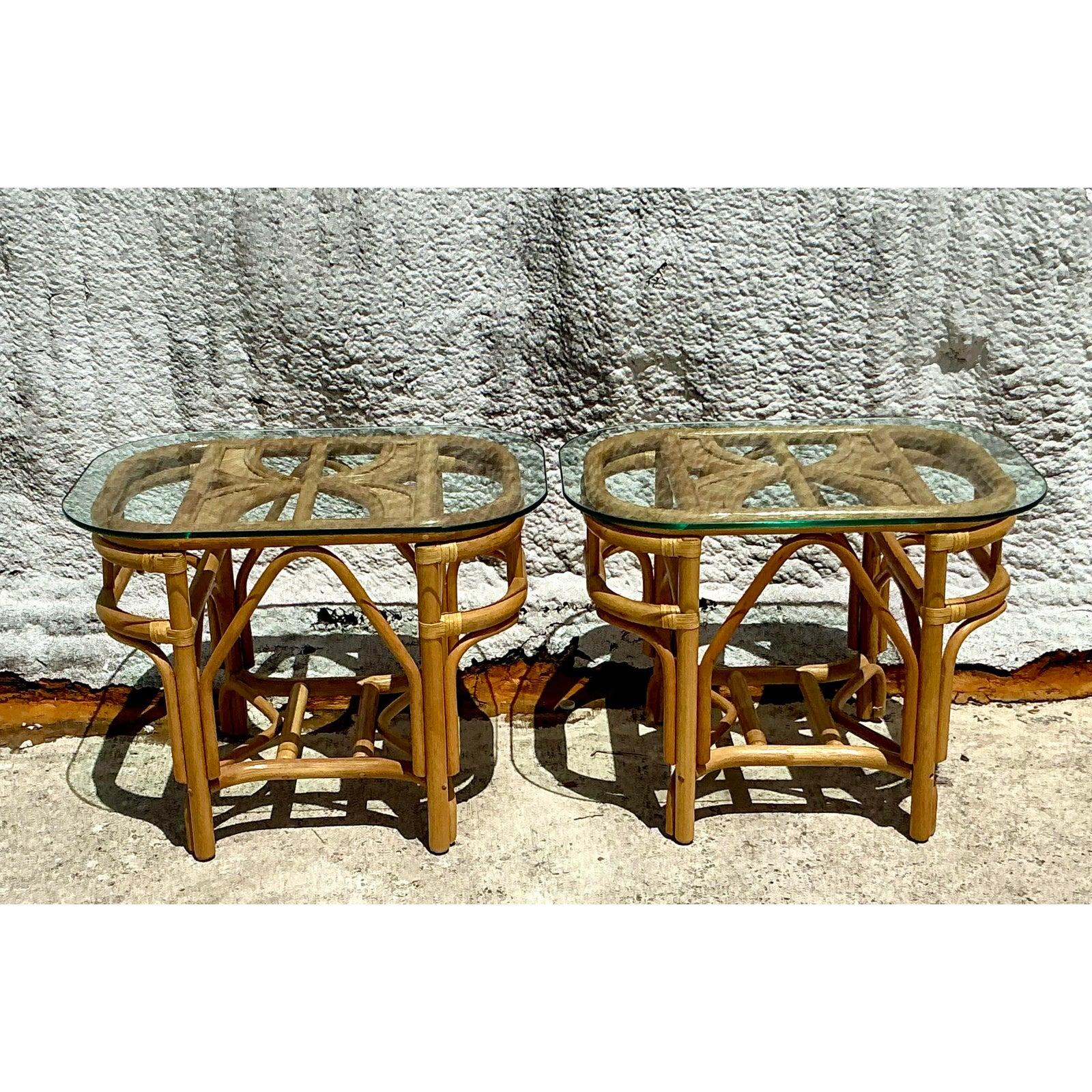 Vintage Costal Bent Rattan Side Tables - A Pair For Sale 4