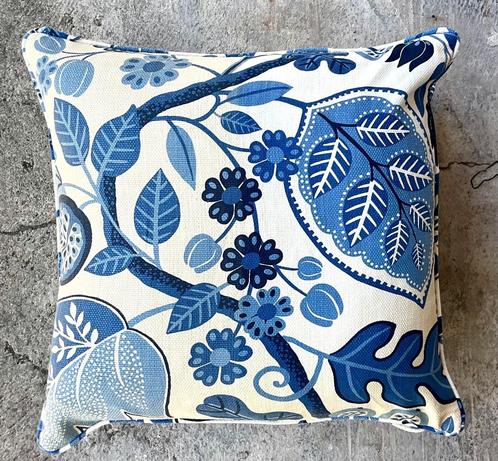 A gorgeous vintage Coastal throw pillow. A beautiful printed blue and white floral on a linen cotton upholstery fabric. Down filled insert. Two pillows available on my Chairish page. Acquired from a Palm Beach estate. 
