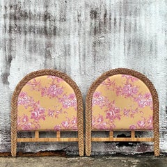 Vintage Costal Braided Rattan Twin Beds - a Pair