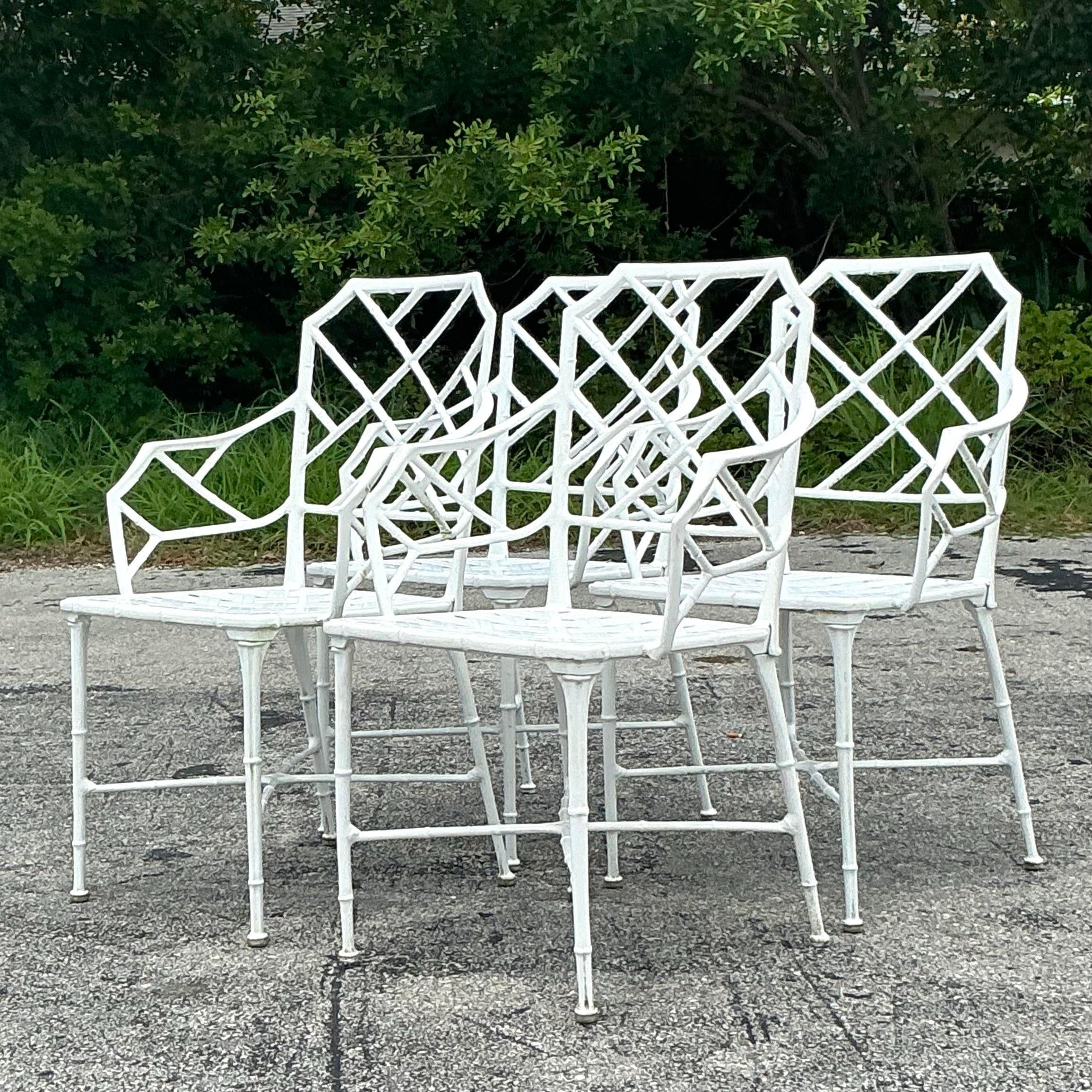 Elevate your outdoor dining with Vintage Coastal Brown Jordan 'Calcutta' Cast Aluminum Dining Chairs. These elegant chairs combine durable cast aluminum construction with timeless coastal design, offering both style and comfort for your patio or