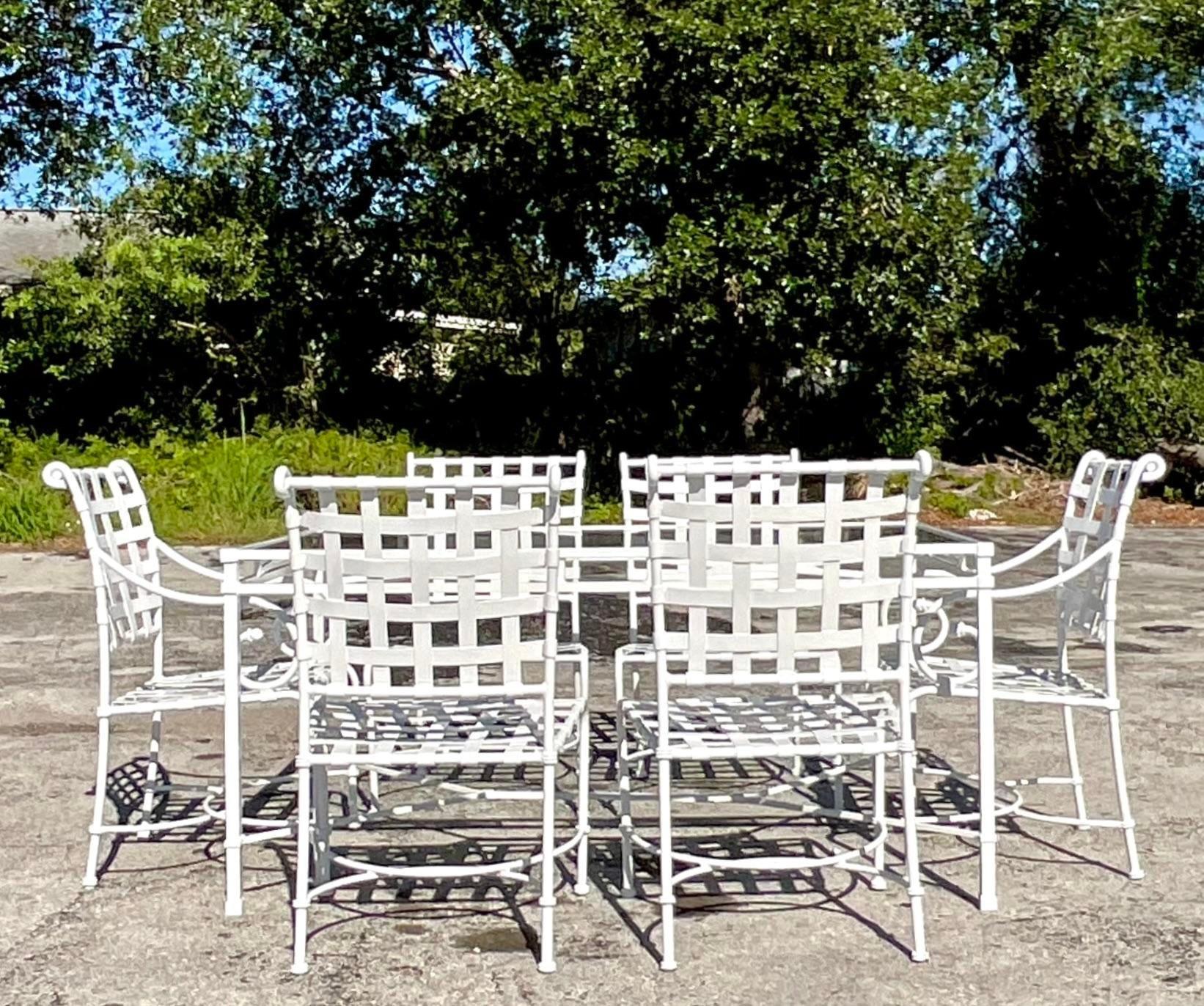 Vintage Costal Brown Jordan Florentine Wrought Iron Outdoor Dining Set - 7 Piece In Good Condition In west palm beach, FL