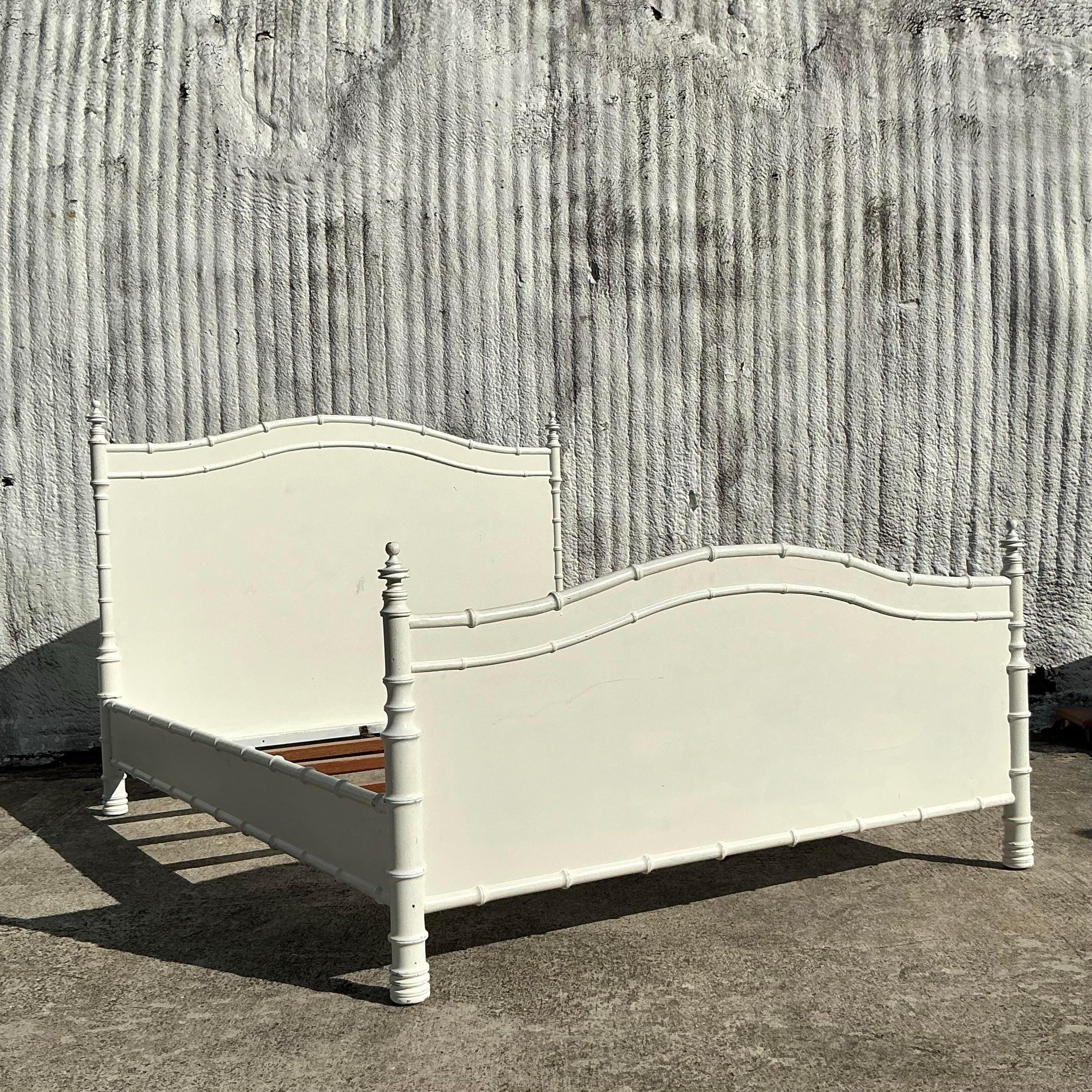 20th Century Vintage Costal Carved Bamboo Queen Bed