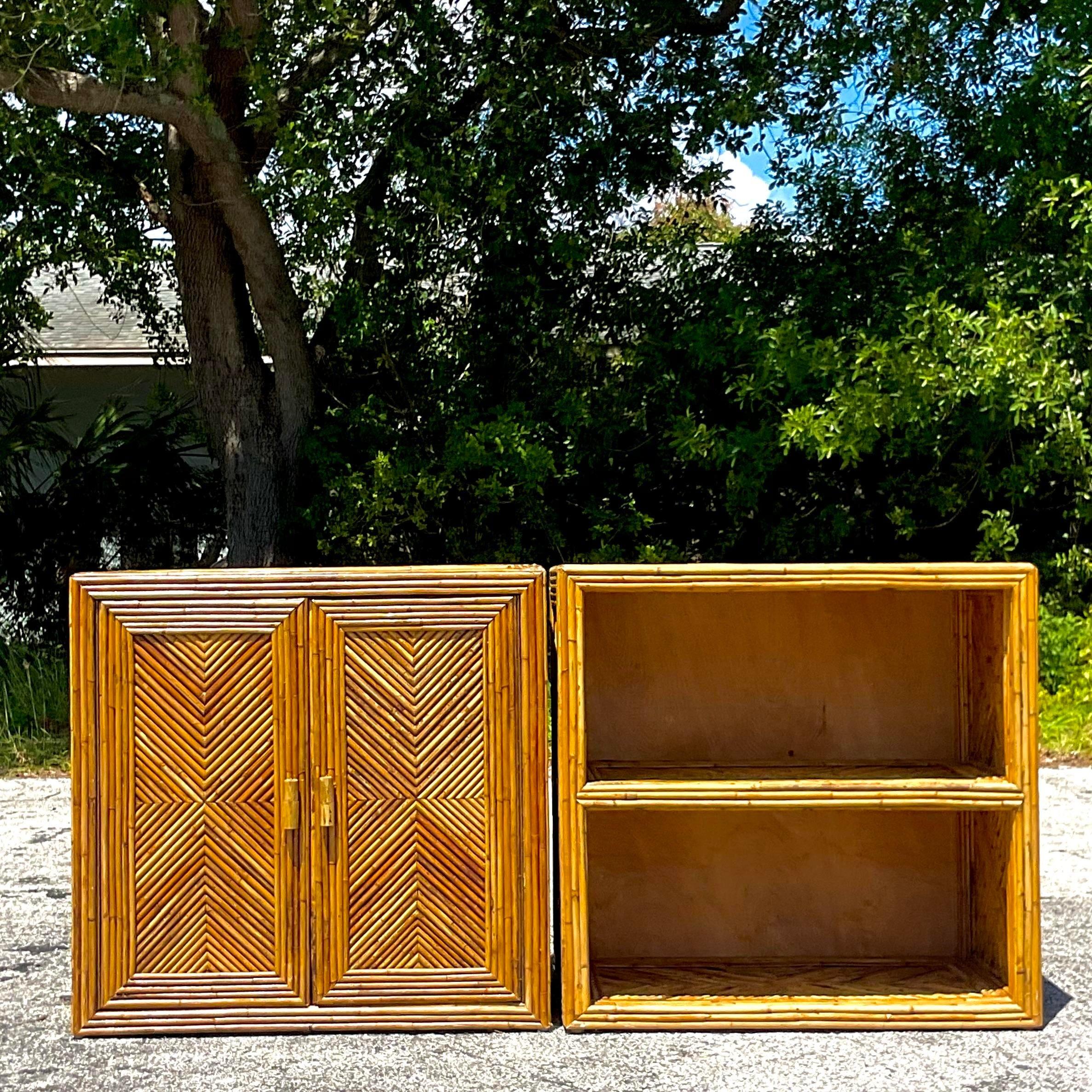 Philippine Vintage Costal Chevron Pencil Reed Cabinets - Set of 2 For Sale